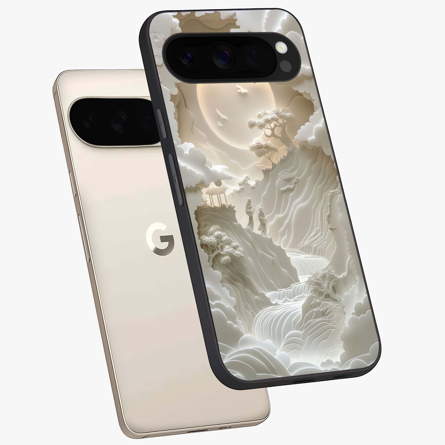 Celestial Origami Glass Case displayed in angled mockup highlighting geometric origami design with cosmic aesthetic theme.