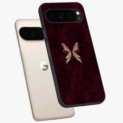 Crimson Fade Butterfly Glass Case displayed in angled mockup highlighting elegant butterfly design with crimson gradient aesthetic.