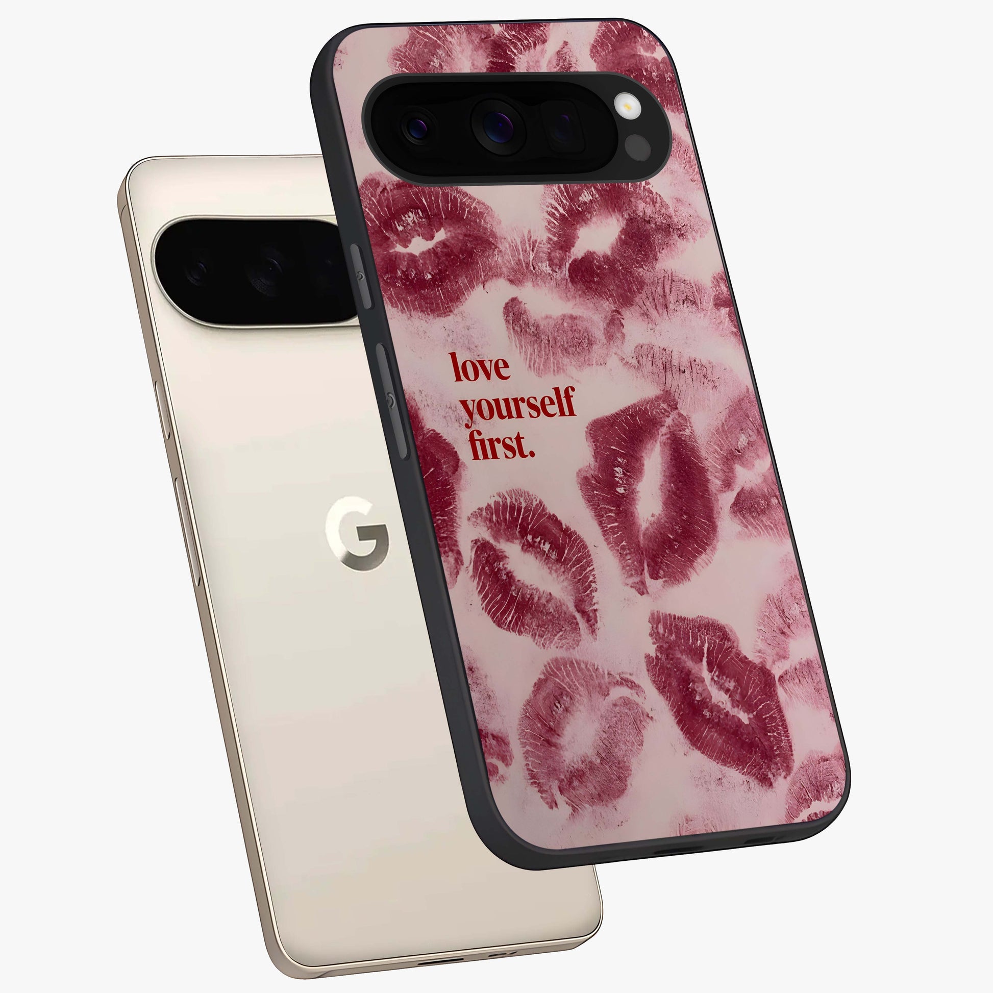 Crimson Kiss Love Glass Case displayed in angled mockup highlighting bold love inspired design with modern aesthetic style.