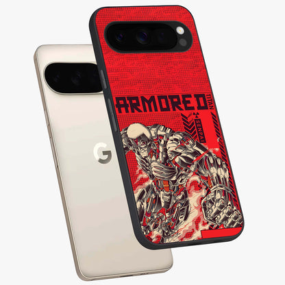 Crimson Mecha Titan Glass Case displayed in angled mockup highlighting futuristic mech illustration with bold crimson aesthetic.