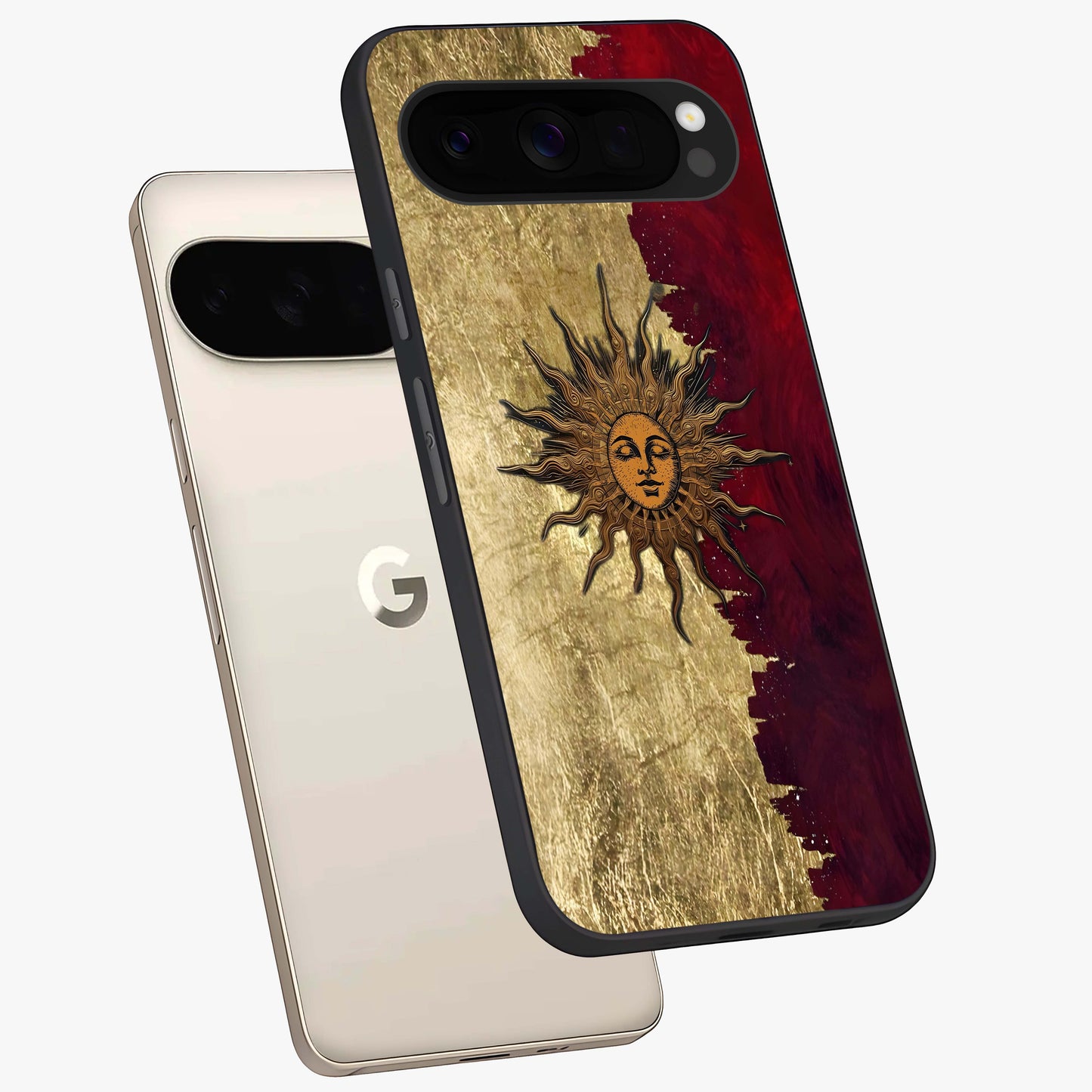 Crimson Sun Majesty Glass Case displayed in angled mockup highlighting majestic crimson sun design with bold aesthetic style.