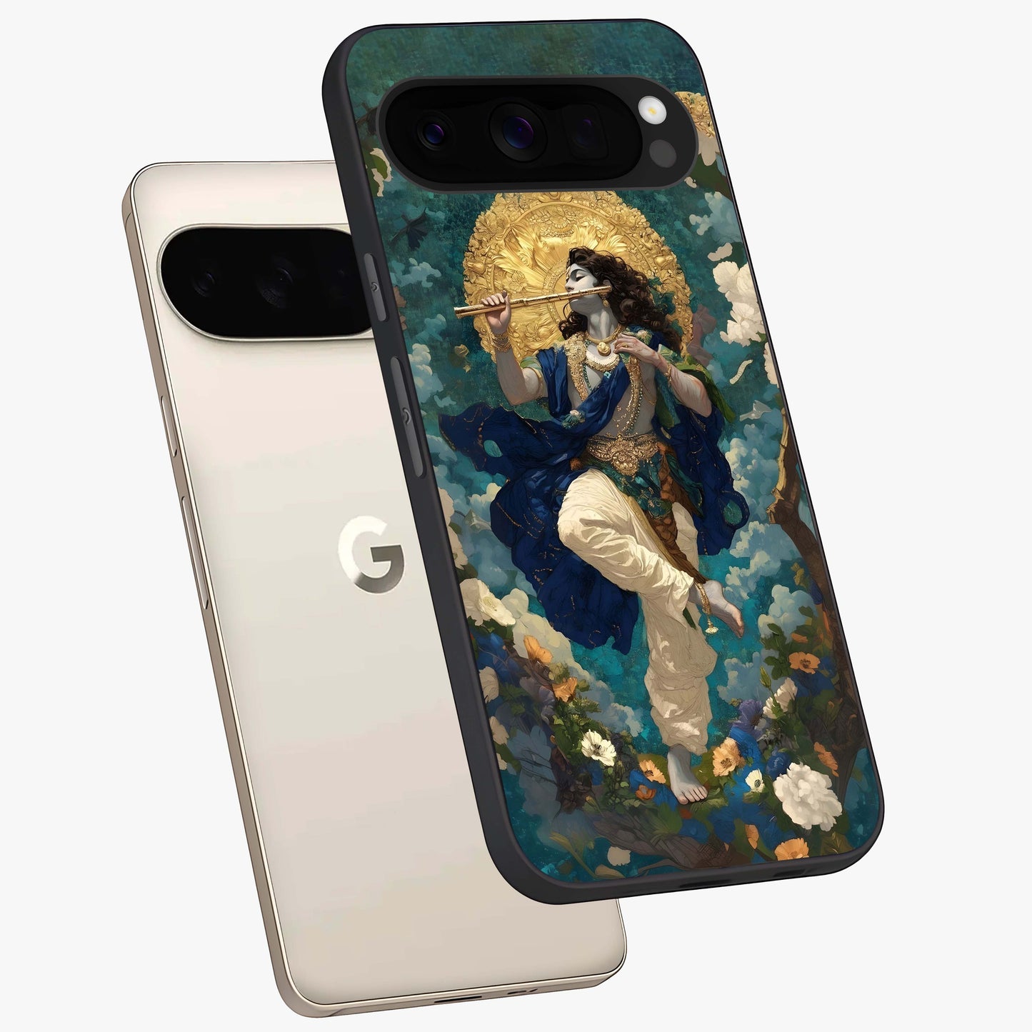 Divine Krishna Art Glass Case displayed in angled mockup highlighting spiritual Krishna illustration with devotional aesthetic.