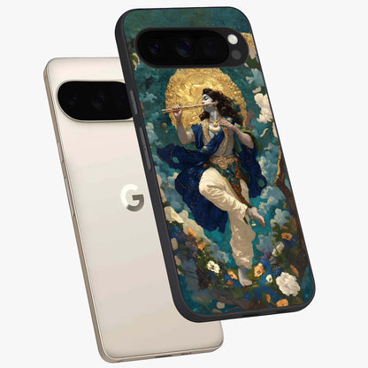 Divine Krishna Art Glass Case displayed in angled mockup highlighting spiritual Krishna illustration with devotional aesthetic.