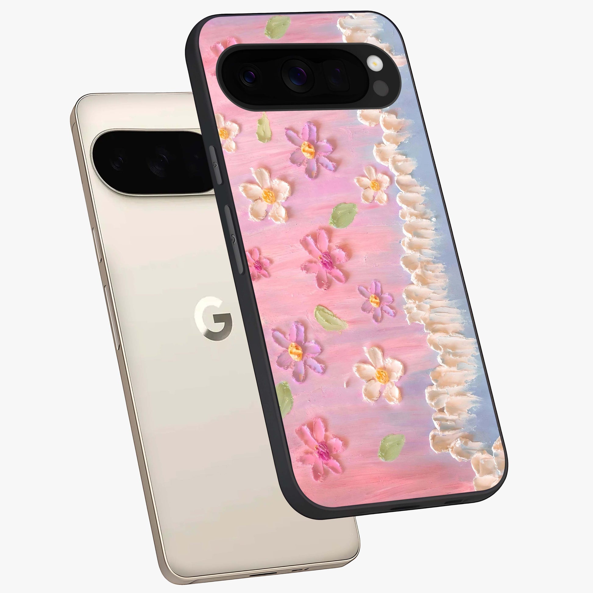 Dreamy Painted Garden Glass Case displayed in angled mockup highlighting colorful garden illustration with dreamy aesthetic style.