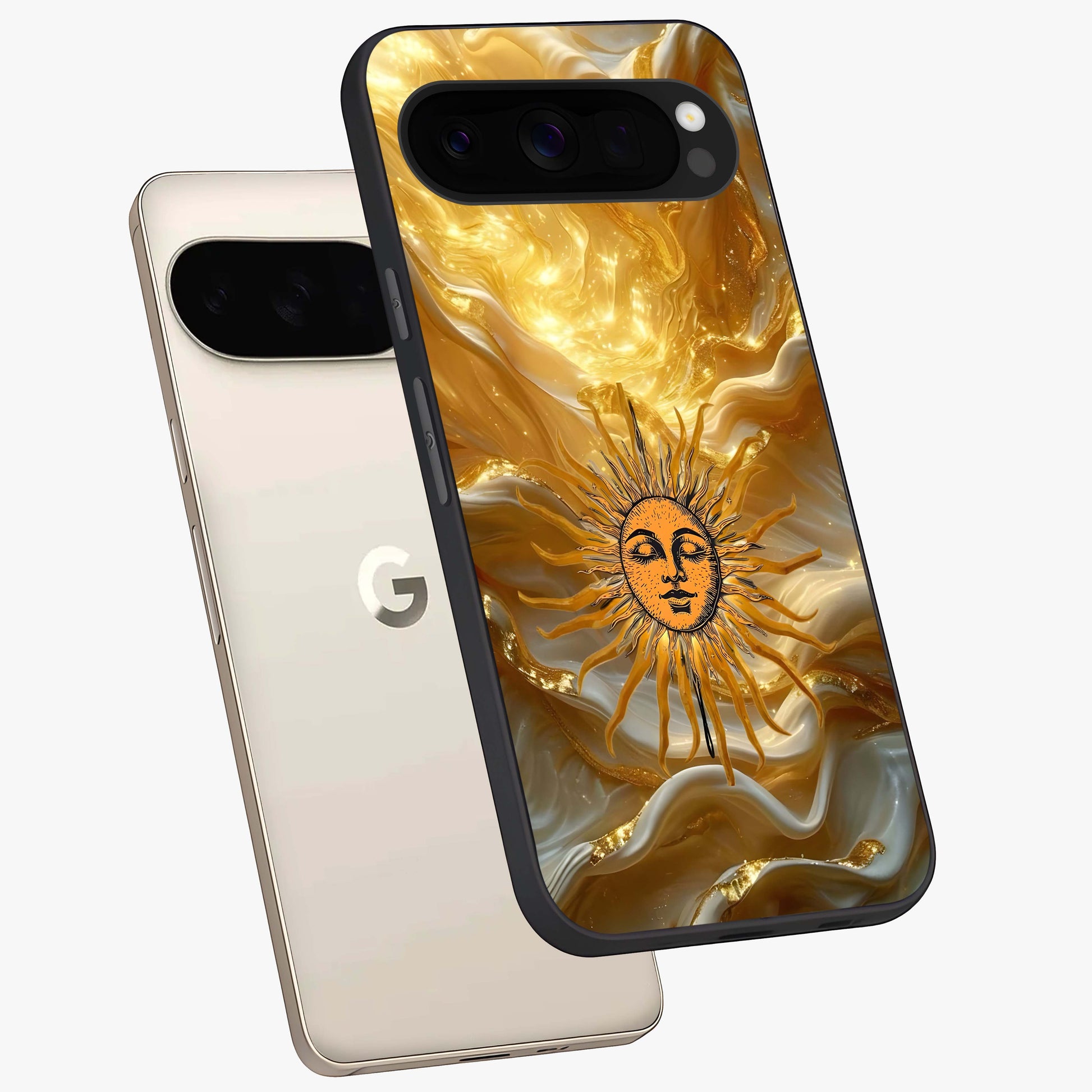 Eternal Golden Glow Glass Case displayed in angled mockup highlighting glowing golden aesthetic design with elegant style.
