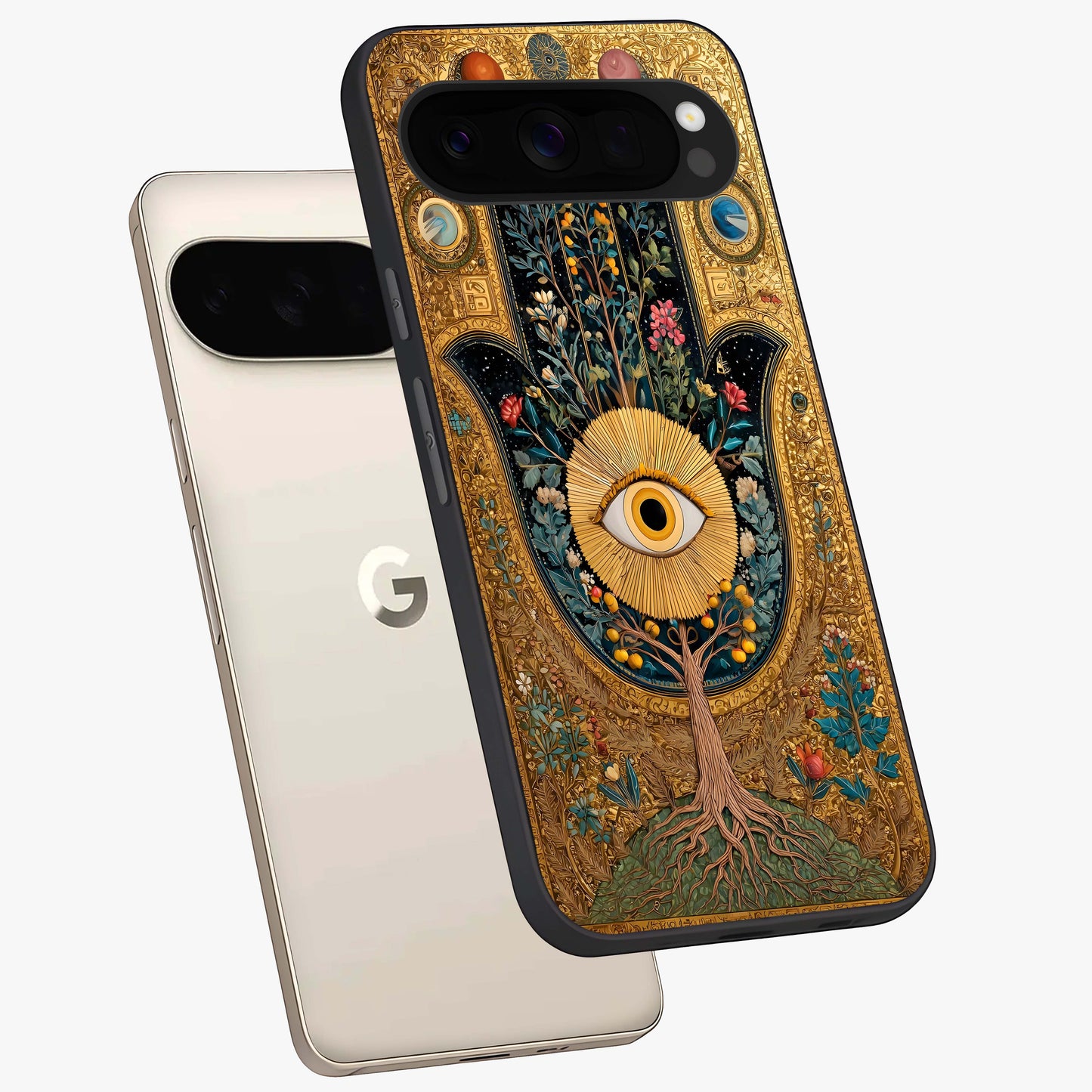 Ethereal Evil Eye Glass Case displayed in angled mockup highlighting protective evil eye symbol with spiritual aesthetic design.