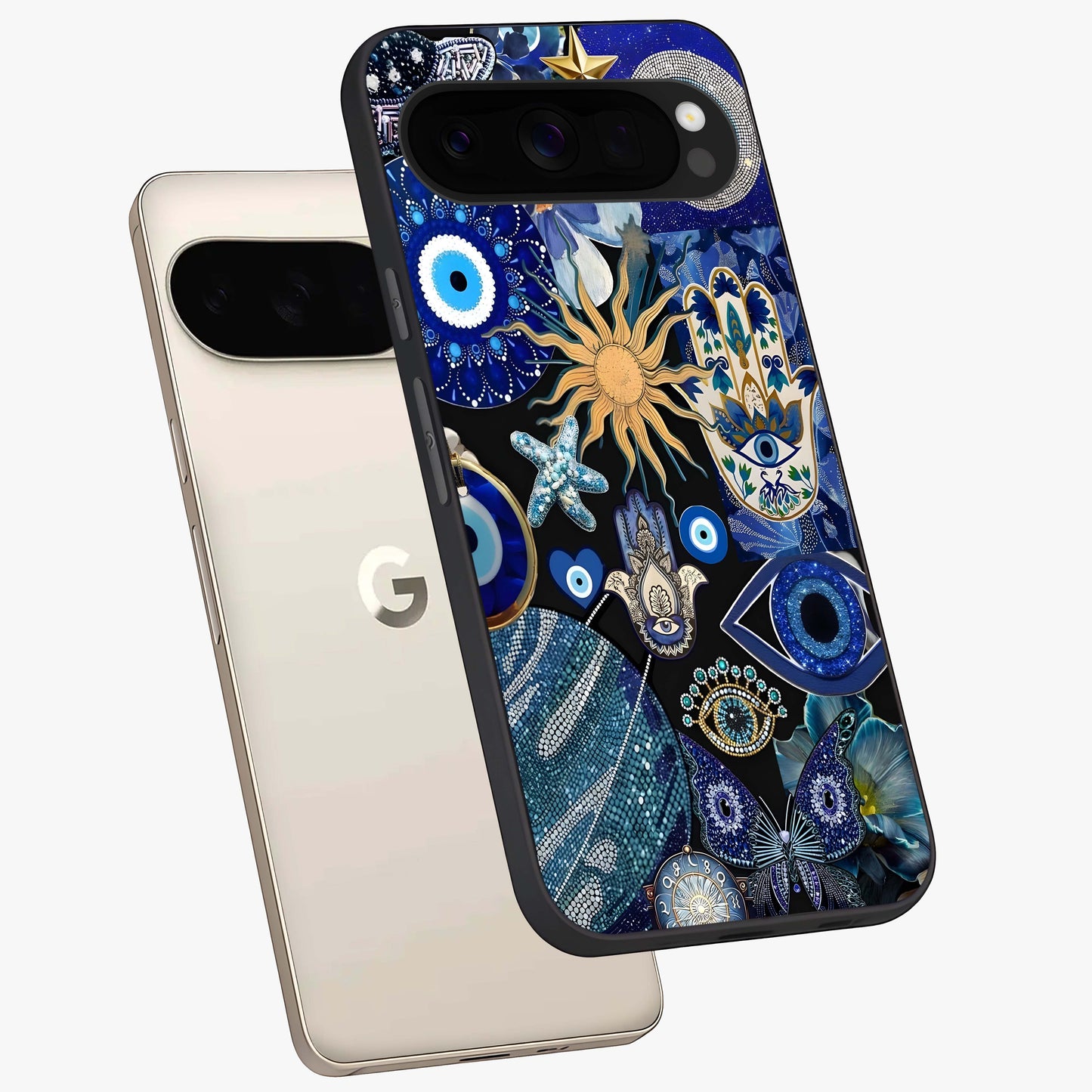 Evil Eye Charm Mix Glass Case displayed in angled mockup highlighting protective evil eye symbols with spiritual aesthetic design.