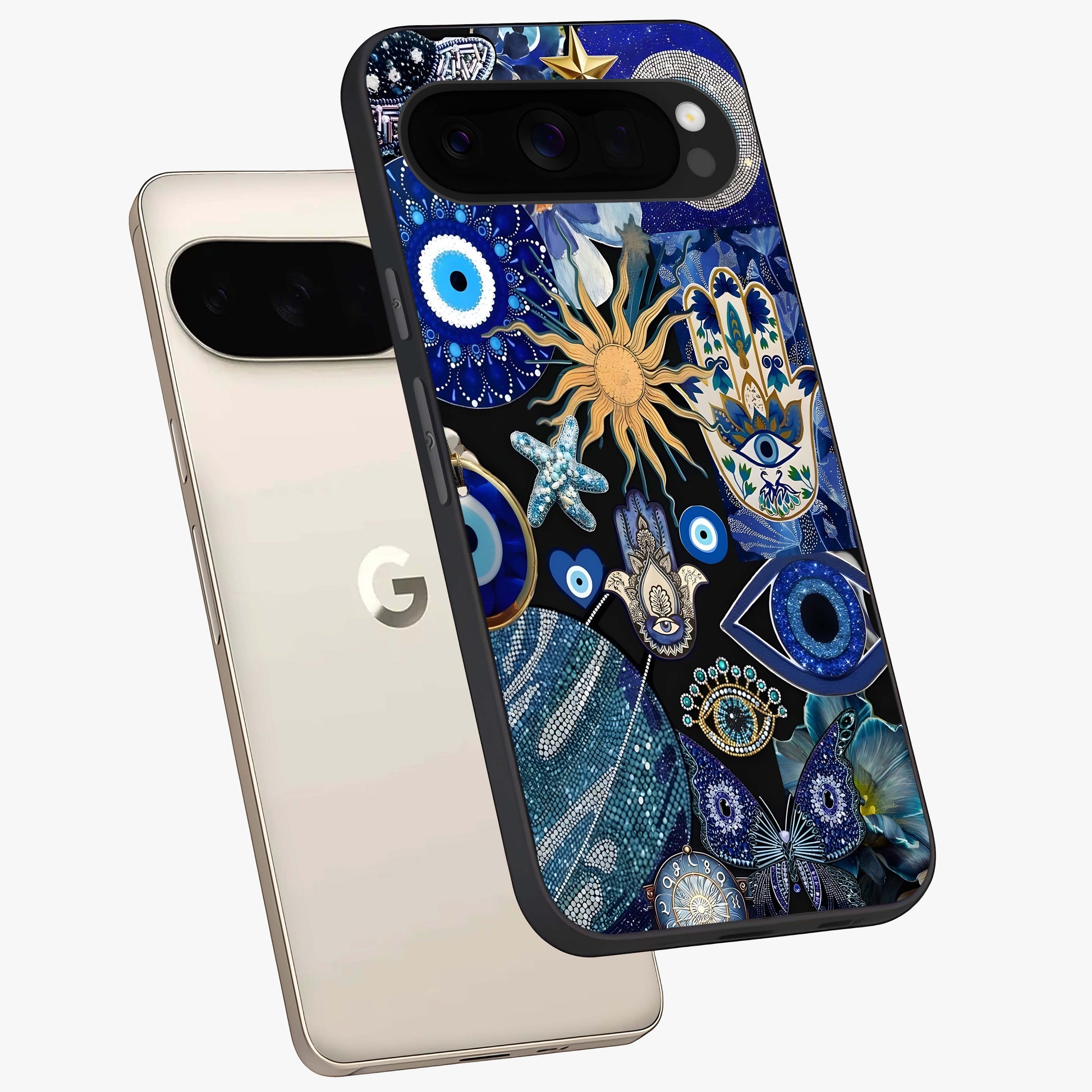 Evil Eye Charm Mix Glass Case displayed in angled mockup highlighting protective evil eye symbols with spiritual aesthetic design.