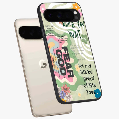 Faith Over Fear Glass Case displayed in angled mockup highlighting inspirational message design with modern aesthetic style.