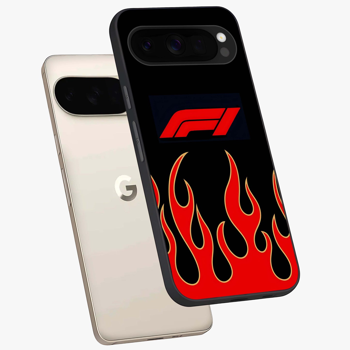 Fire F11 Glass Case displayed in angled mockup highlighting bold fire inspired graphic with energetic aesthetic style.