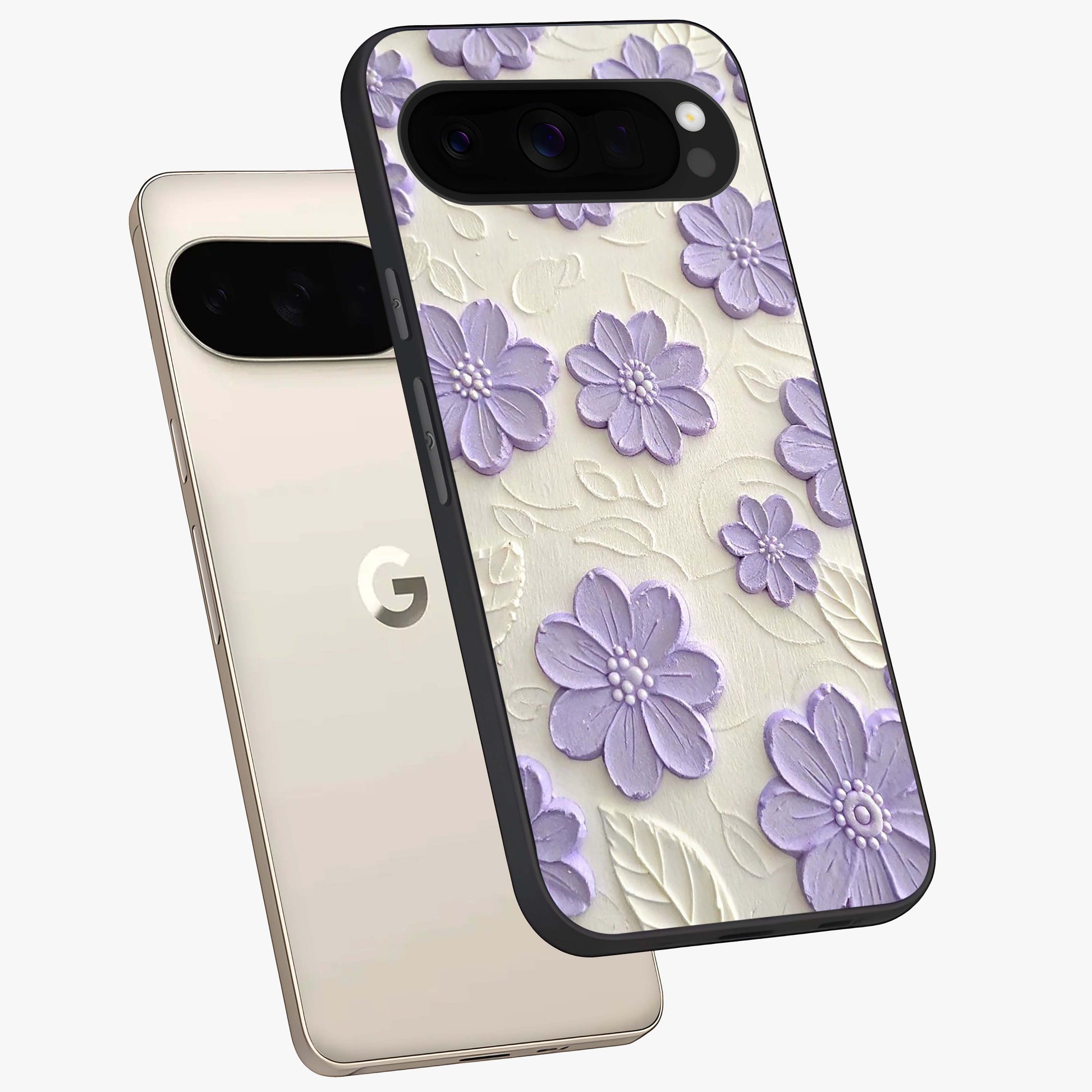 Floral Wall Art With Purple Flowers Glass Case displayed in angled mockup highlighting vibrant purple floral illustration with artistic aesthetic.
