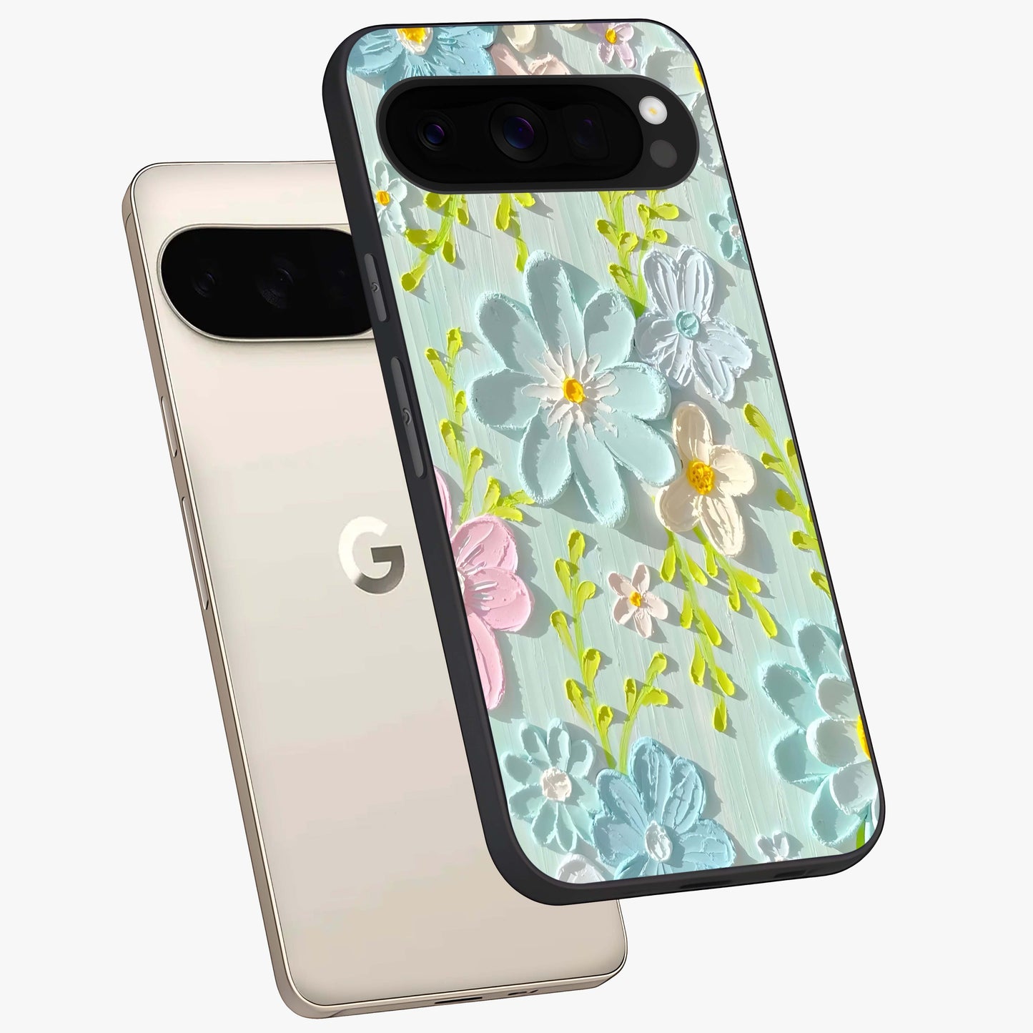 Frosted Petal Garden Glass Case displayed in angled mockup highlighting delicate flower petal design with calm garden aesthetic.