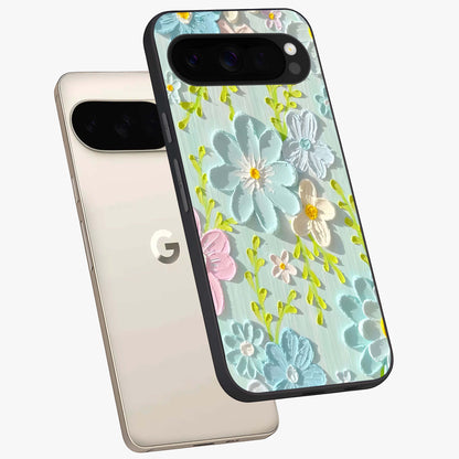 Frosted Petal Garden Glass Case displayed in angled mockup highlighting delicate flower petal design with calm garden aesthetic.