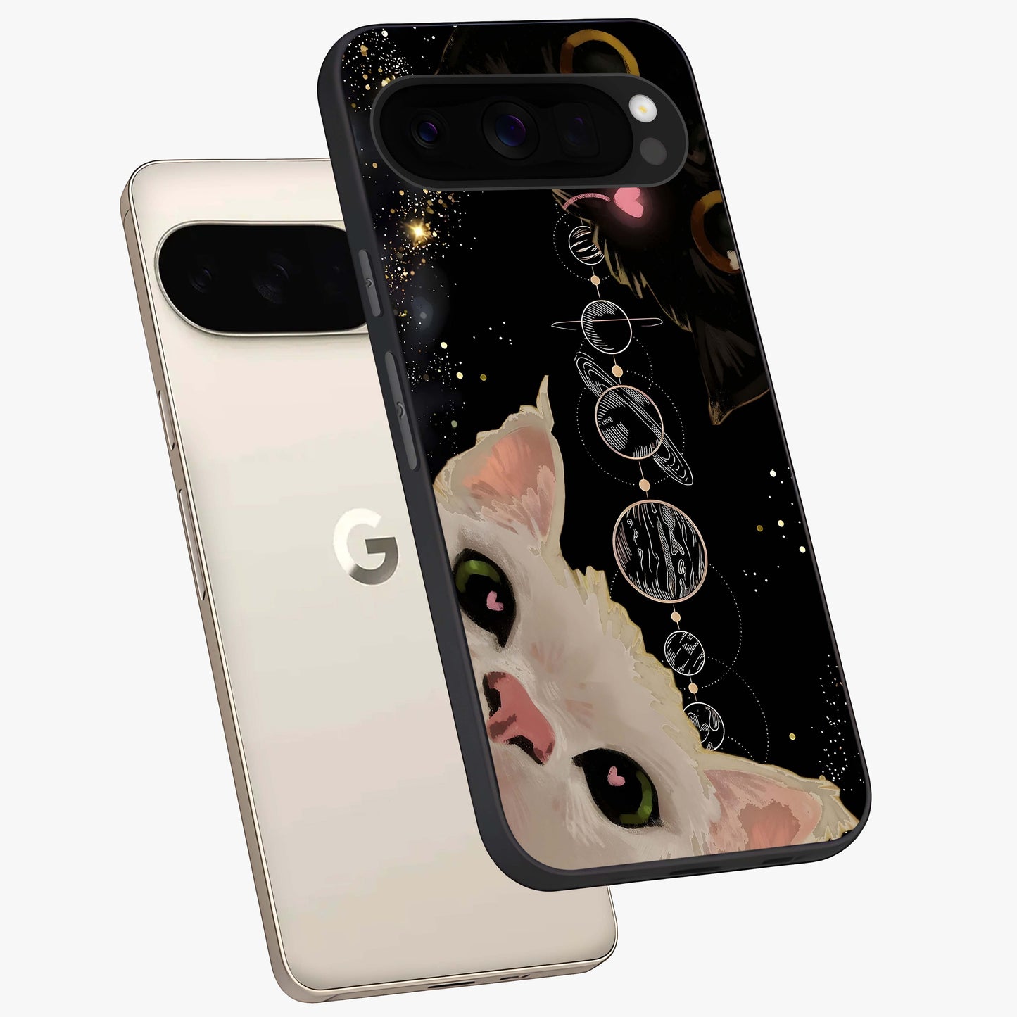 Galactic Cat Glass Case displayed in angled mockup highlighting celestial feline illustration with galaxy aesthetic style.