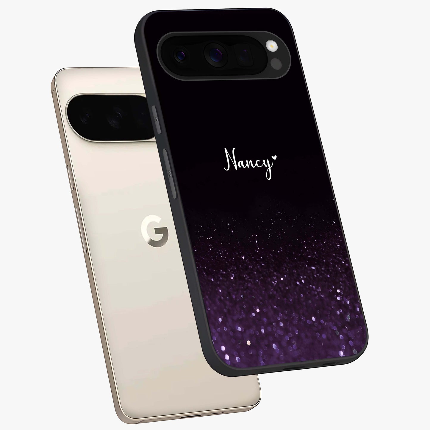 Glittery Purple Bokeh Custom Name Glass Case displayed in angled mockup highlighting glitter bokeh pattern with custom name feature.