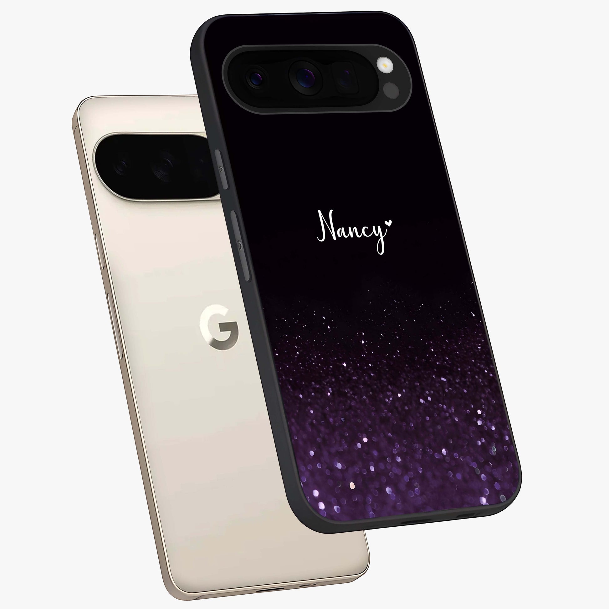 Glittery Purple Bokeh Custom Name Glass Case displayed in angled mockup highlighting glitter bokeh pattern with custom name feature.