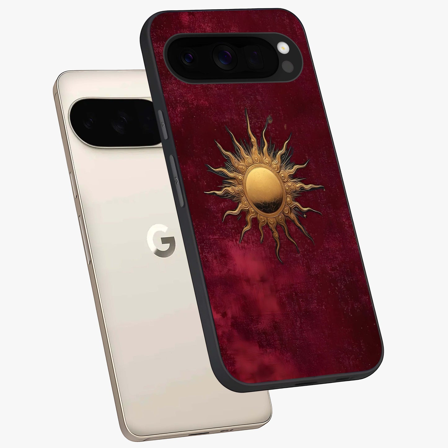 Golden Sun Minimalism Glass Case displayed in angled mockup highlighting clean sun symbol design with modern minimal aesthetic.