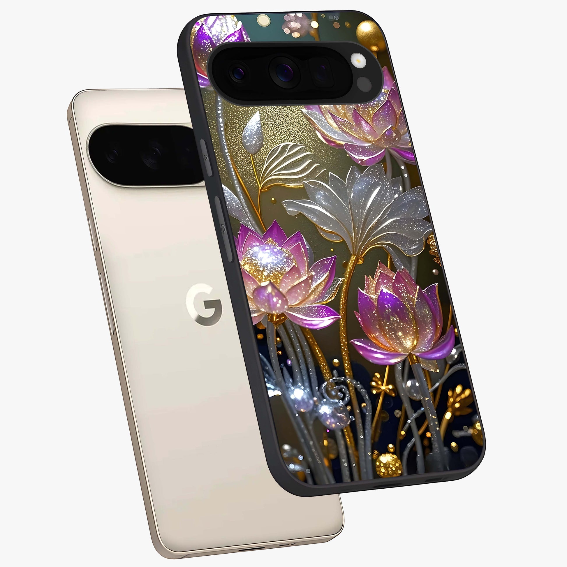Golden Floral Majesty Glass Case displayed in angled mockup highlighting elegant flower design with royal golden aesthetic.