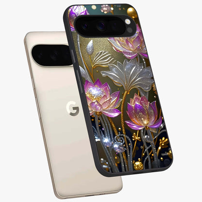 Golden Floral Majesty Glass Case displayed in angled mockup highlighting elegant flower design with royal golden aesthetic.
