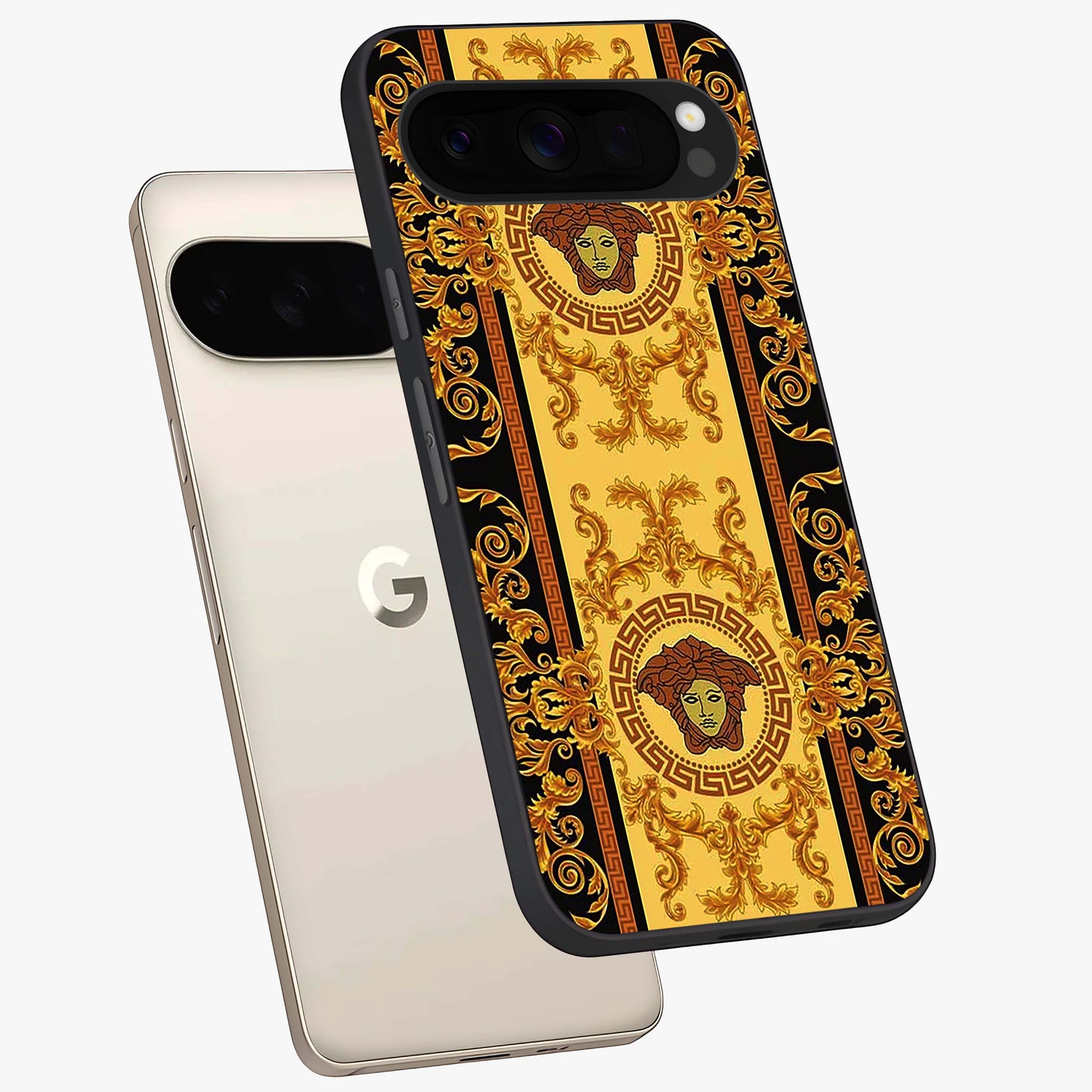 Golden Lotus Glow Glass Case displayed in angled mockup highlighting radiant lotus illustration with spiritual aesthetic.