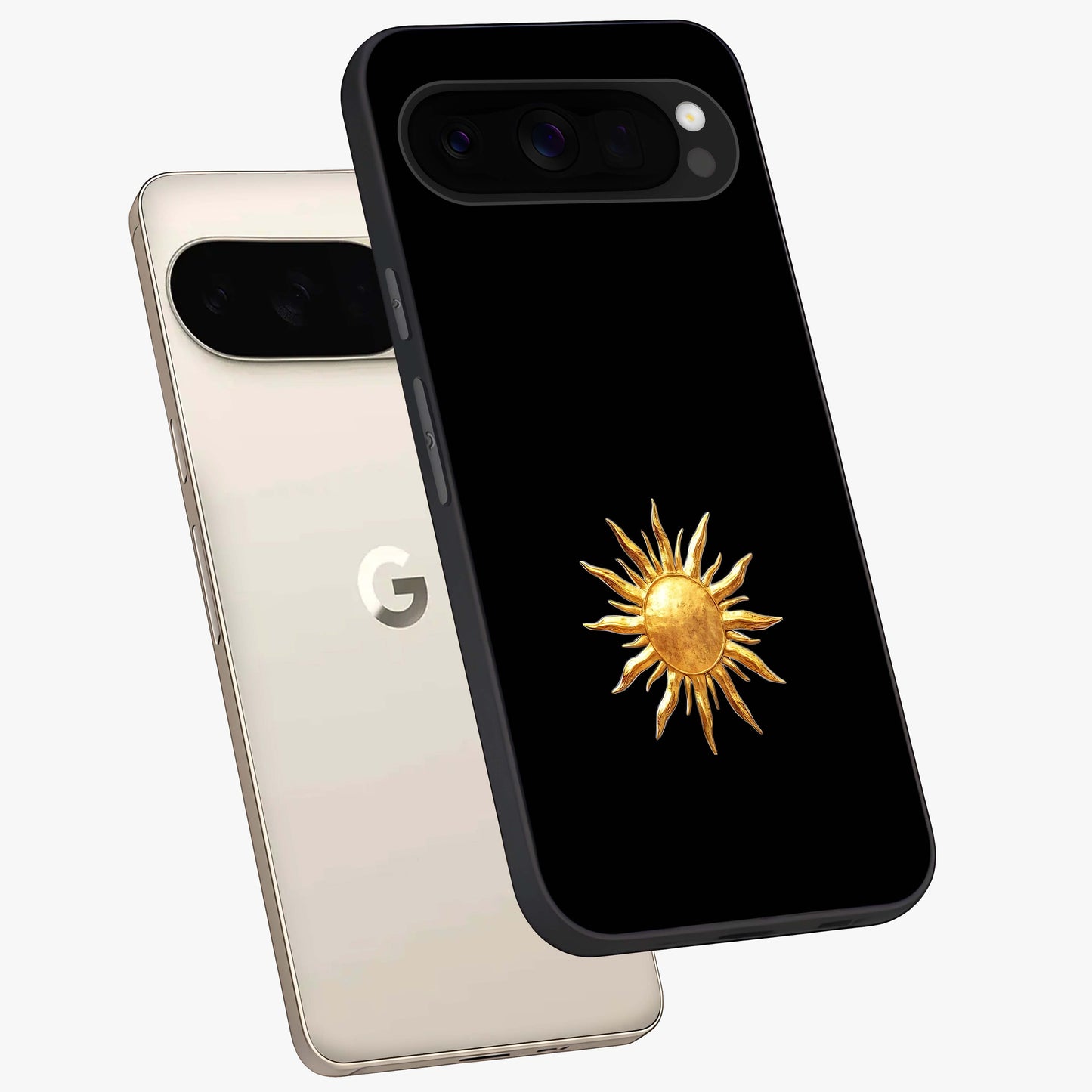 Golden Sun Minimalism Glass Case displayed in angled mockup highlighting eerie shadow illustration with gothic aesthetic.