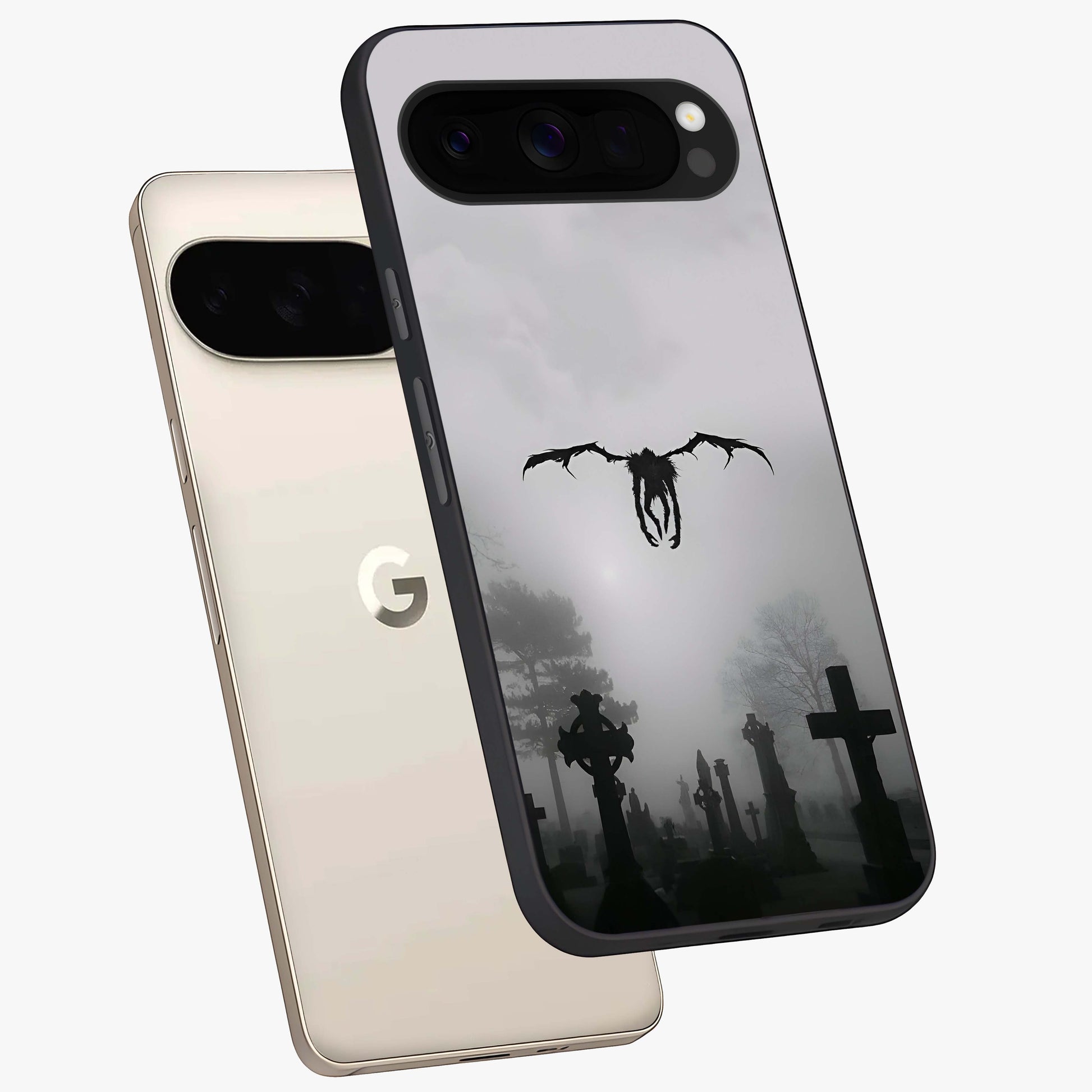Graveyard Shadow Descent Glass Case displayed in angled mockup highlighting eerie shadow illustration with gothic aesthetic.