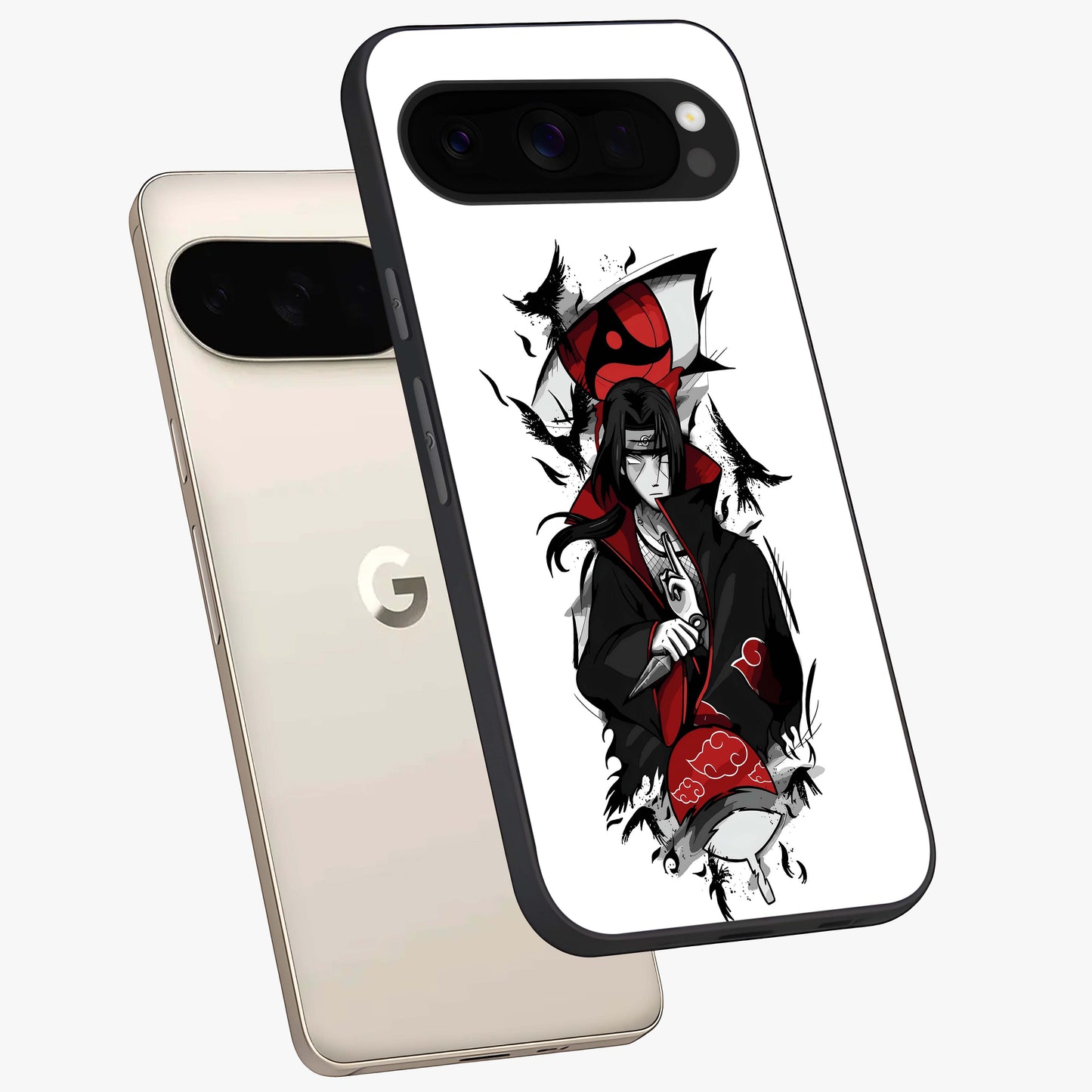 Itachi Limited Edition Naruto Anime Glass Case displayed in angled mockup highlighting dramatic anime illustration with bold action aesthetic.