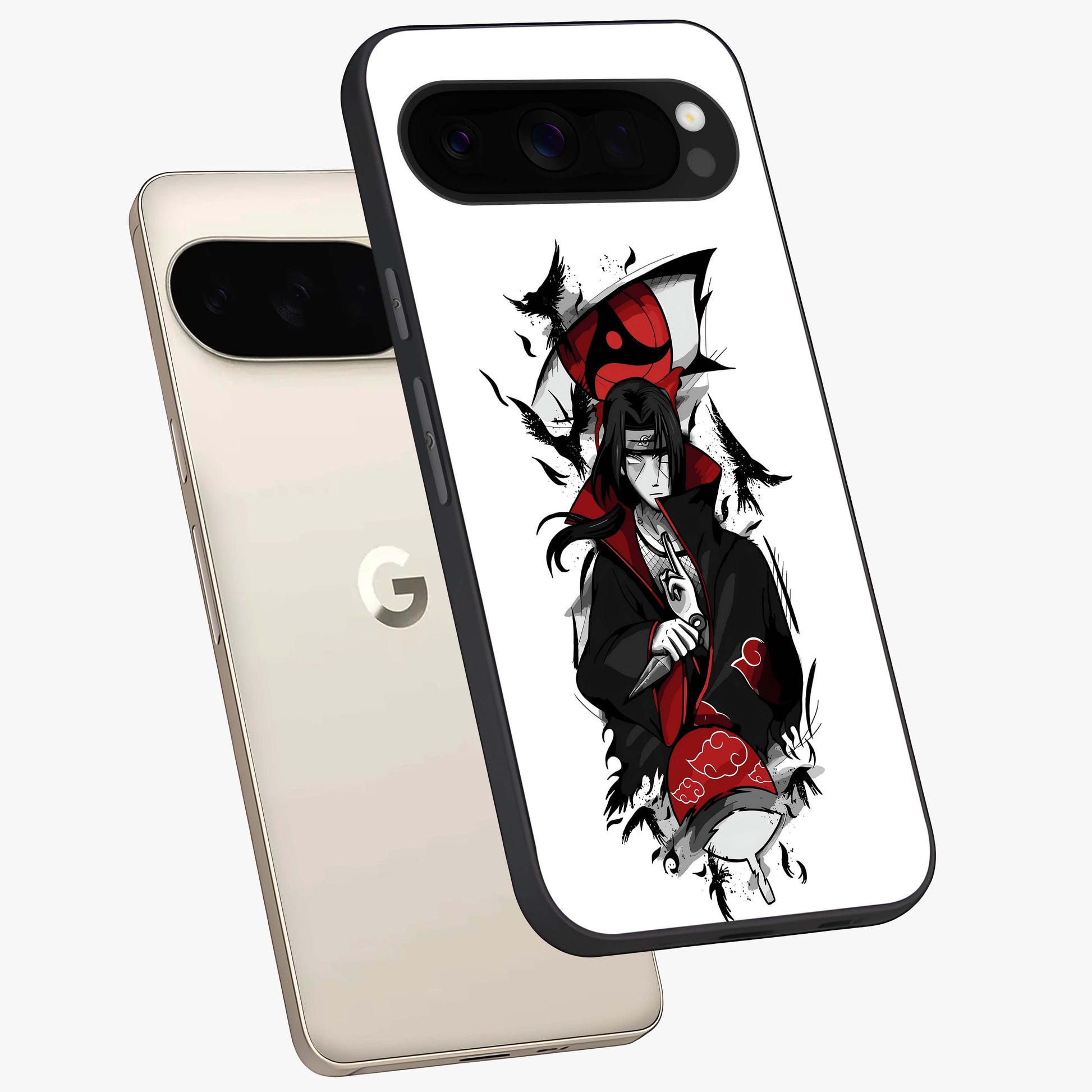 Itachi Limited Edition Naruto Anime Glass Case displayed in angled mockup highlighting dramatic anime illustration with bold action aesthetic.