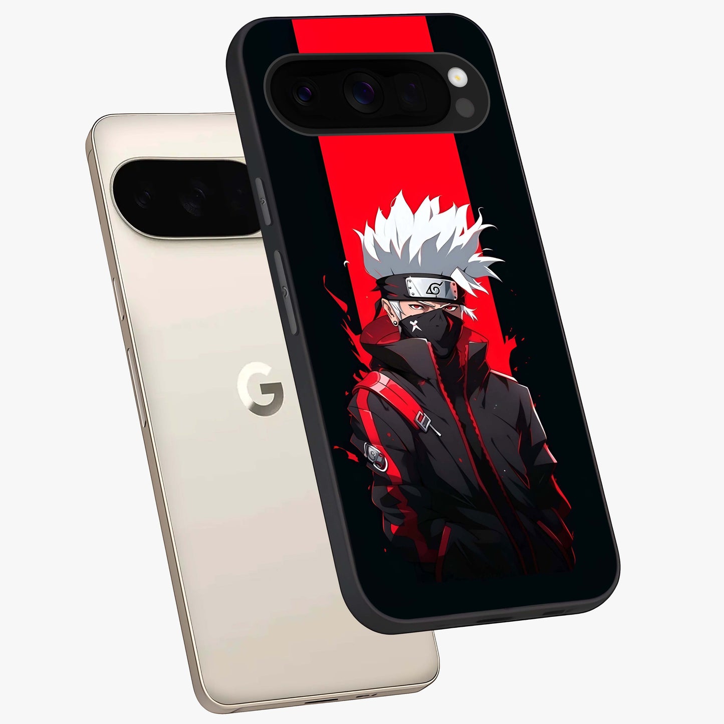 Kakashi Scarlet Shadow Glass Case displayed in angled mockup highlighting dramatic ninja illustration with scarlet themed aesthetic.