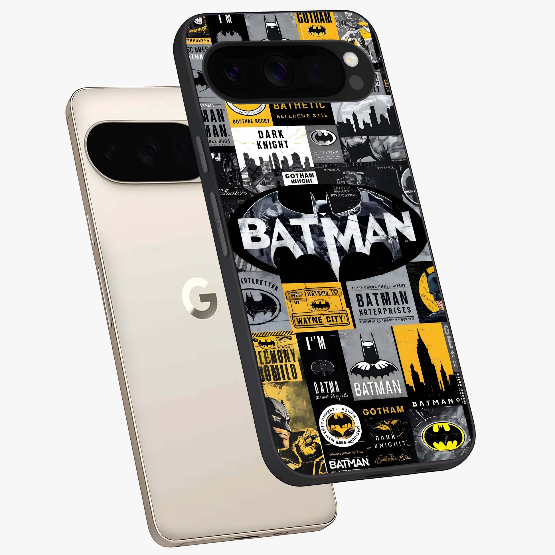 Knight Gotham Rise Glass Case displayed in angled mockup highlighting powerful knight silhouette design with dramatic aesthetic.