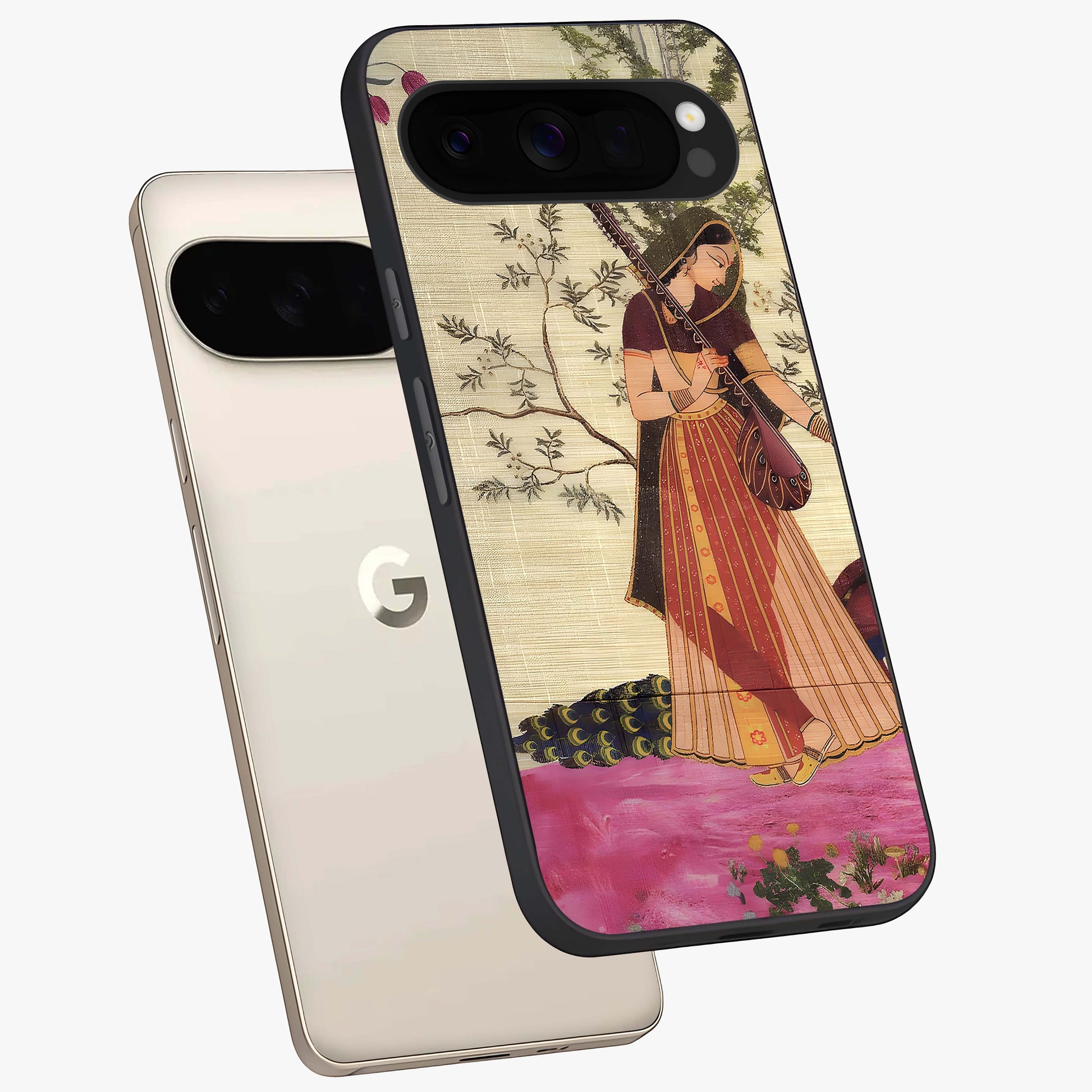 Lady With Veena Art Glass Case displayed in angled mockup highlighting graceful musical illustration with cultural artistic aesthetic.