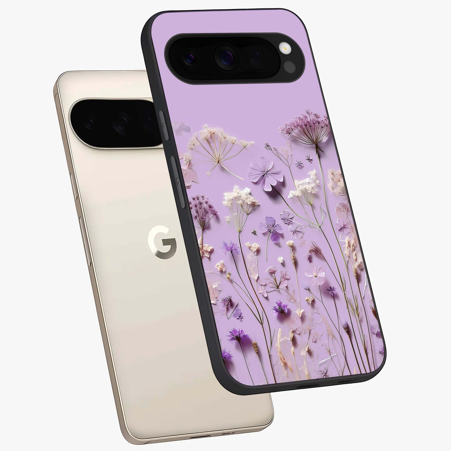 Lavender Blossom Dream Glass Case displayed in angled mockup highlighting dreamy lavender flower design with calming aesthetic style.