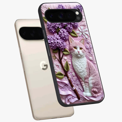 Lavender Cat Whimsy Glass Case displayed in angled mockup highlighting playful feline illustration with pastel lavender aesthetic.