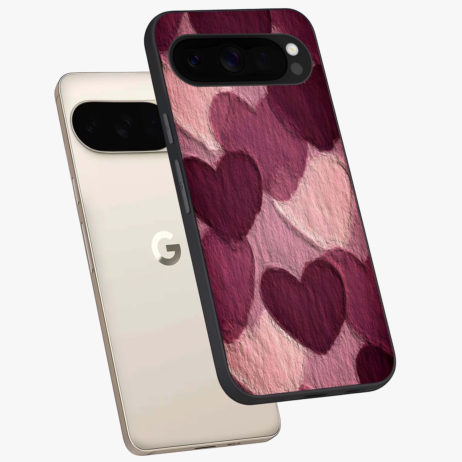 Layered Paper Hearts Glass Case displayed in angled mockup highlighting creative paper craft heart design with romantic aesthetic.