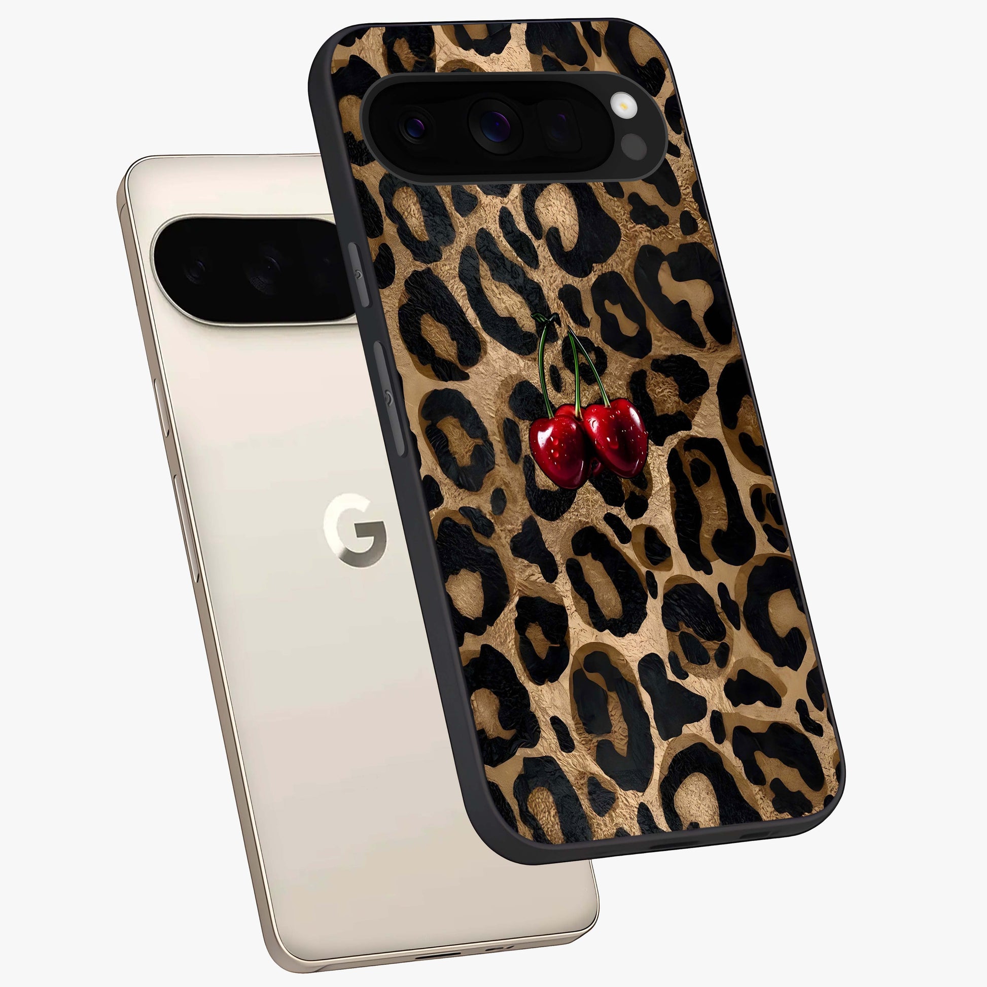 Leopard Wild Cherry Glass Case displayed in angled mockup highlighting bold animal print design with playful cherry aesthetic.
