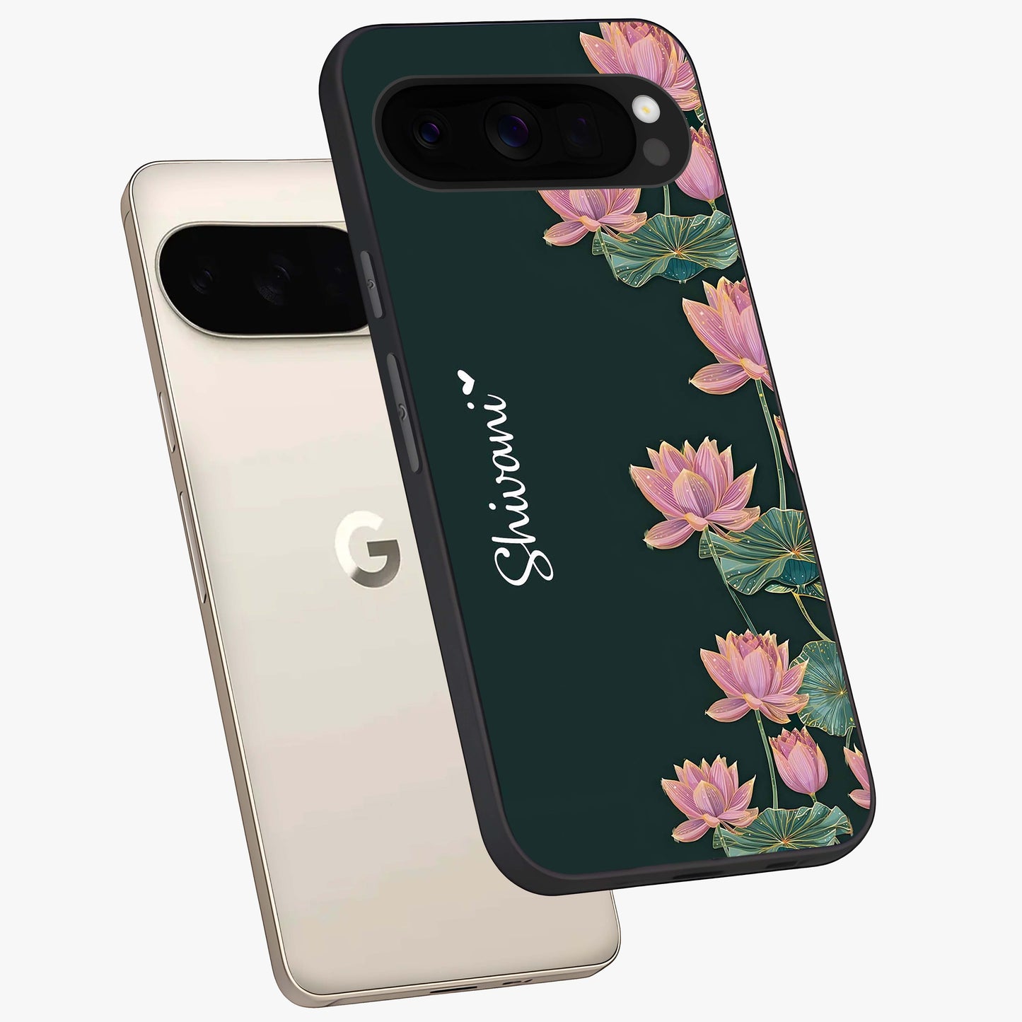 Lotus Bloom Serenity Custom Name Glass Case displayed in angled mockup highlighting graceful lotus illustration with custom name feature.