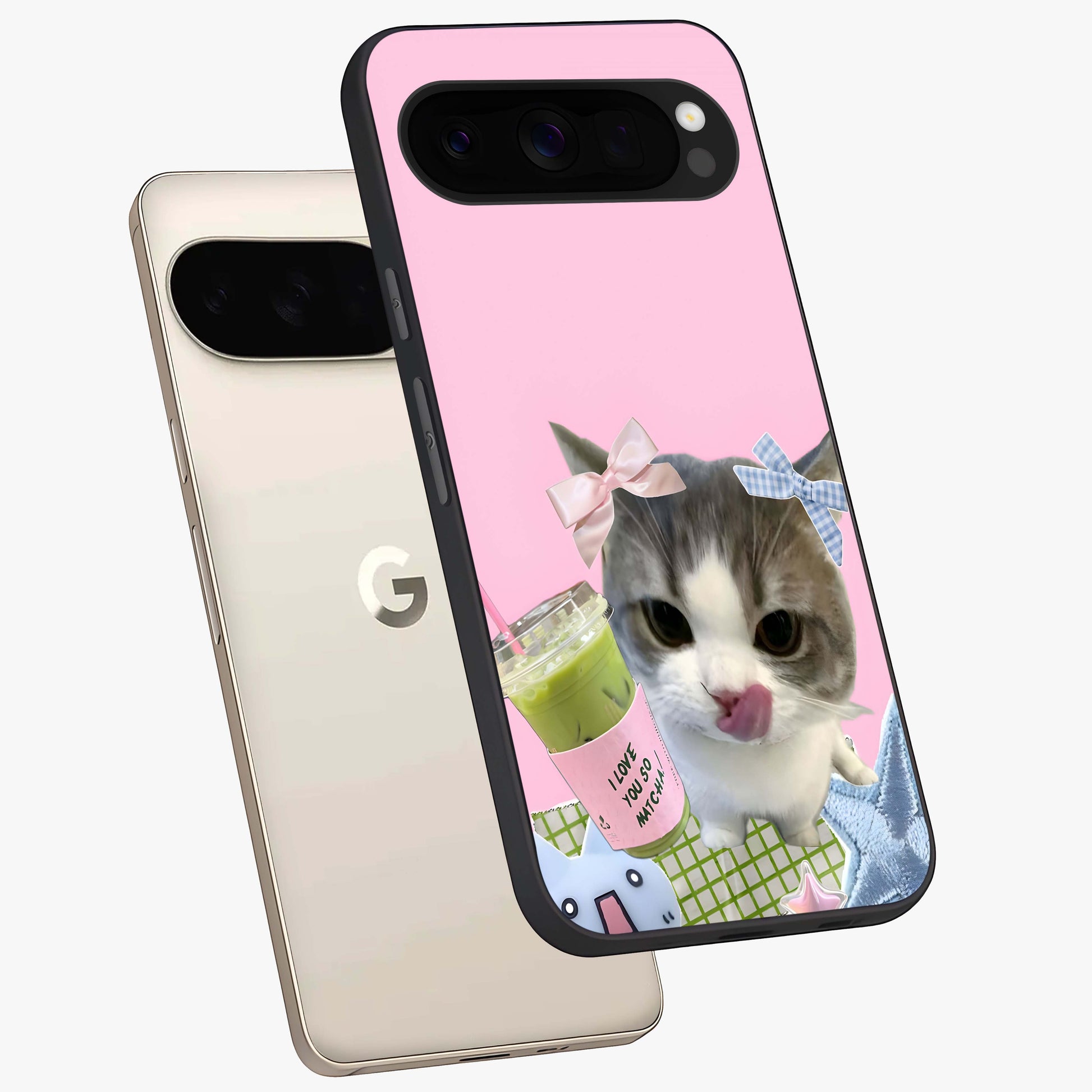 Love Matcha Cat Glass Case displayed in angled mockup highlighting playful feline illustration with cozy matcha aesthetic.