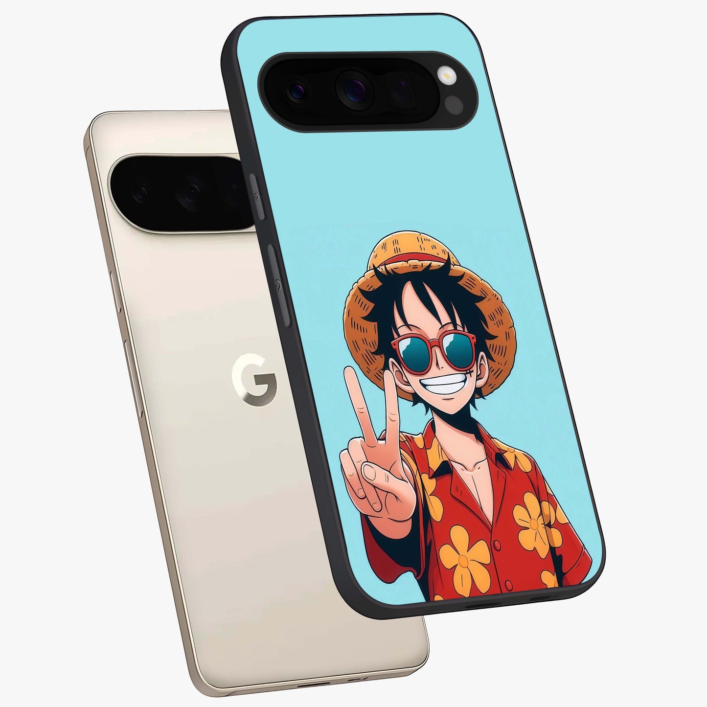 Luffy Summer Anime Vibe Glass Case displayed in angled mockup highlighting energetic anime illustration with summer vibe aesthetic.