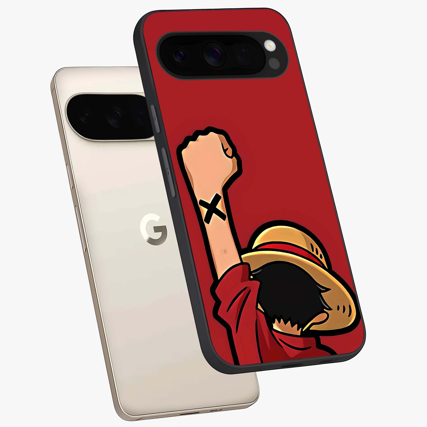 Luffy X Spirit Glass Case displayed in angled mockup highlighting powerful anime design with energetic action aesthetic.