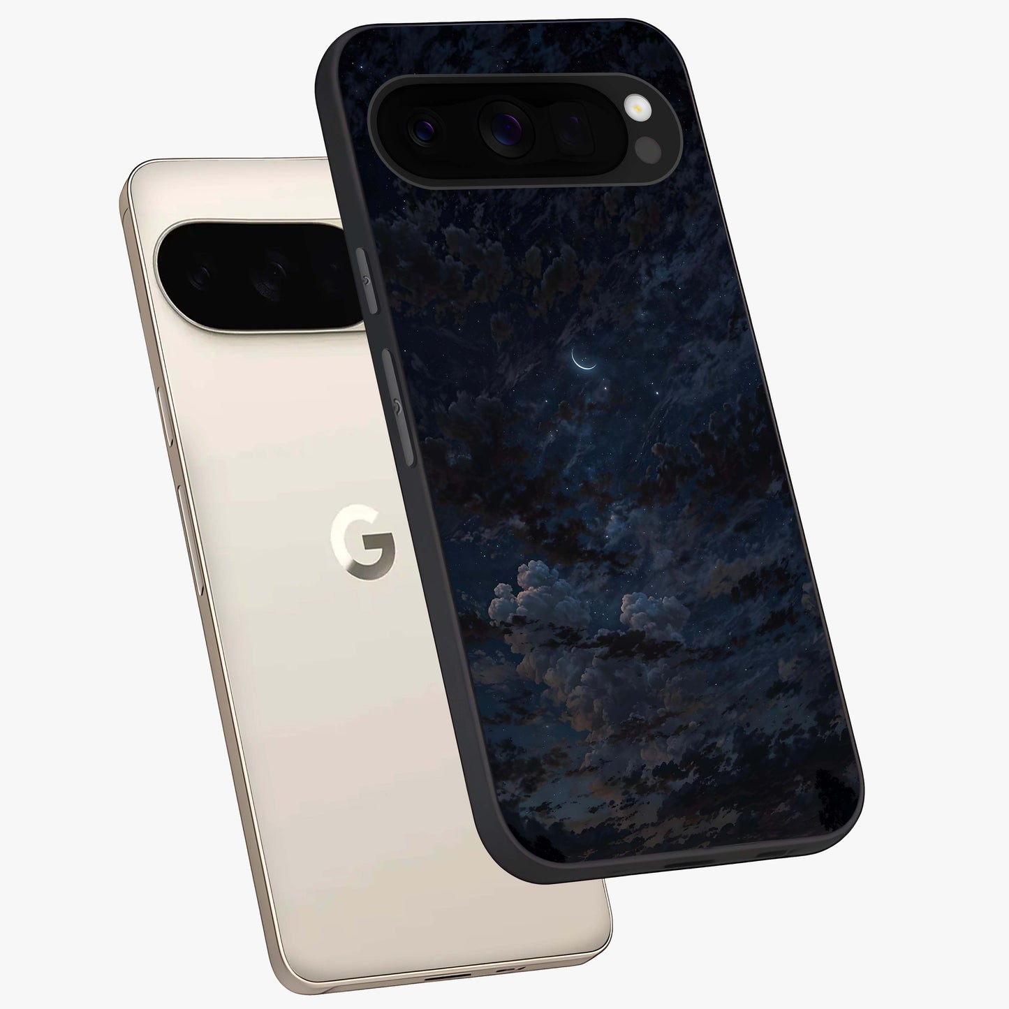 Lunar Veil Silence Glass Case displayed in angled mockup highlighting soft lunar design with peaceful celestial aesthetic.