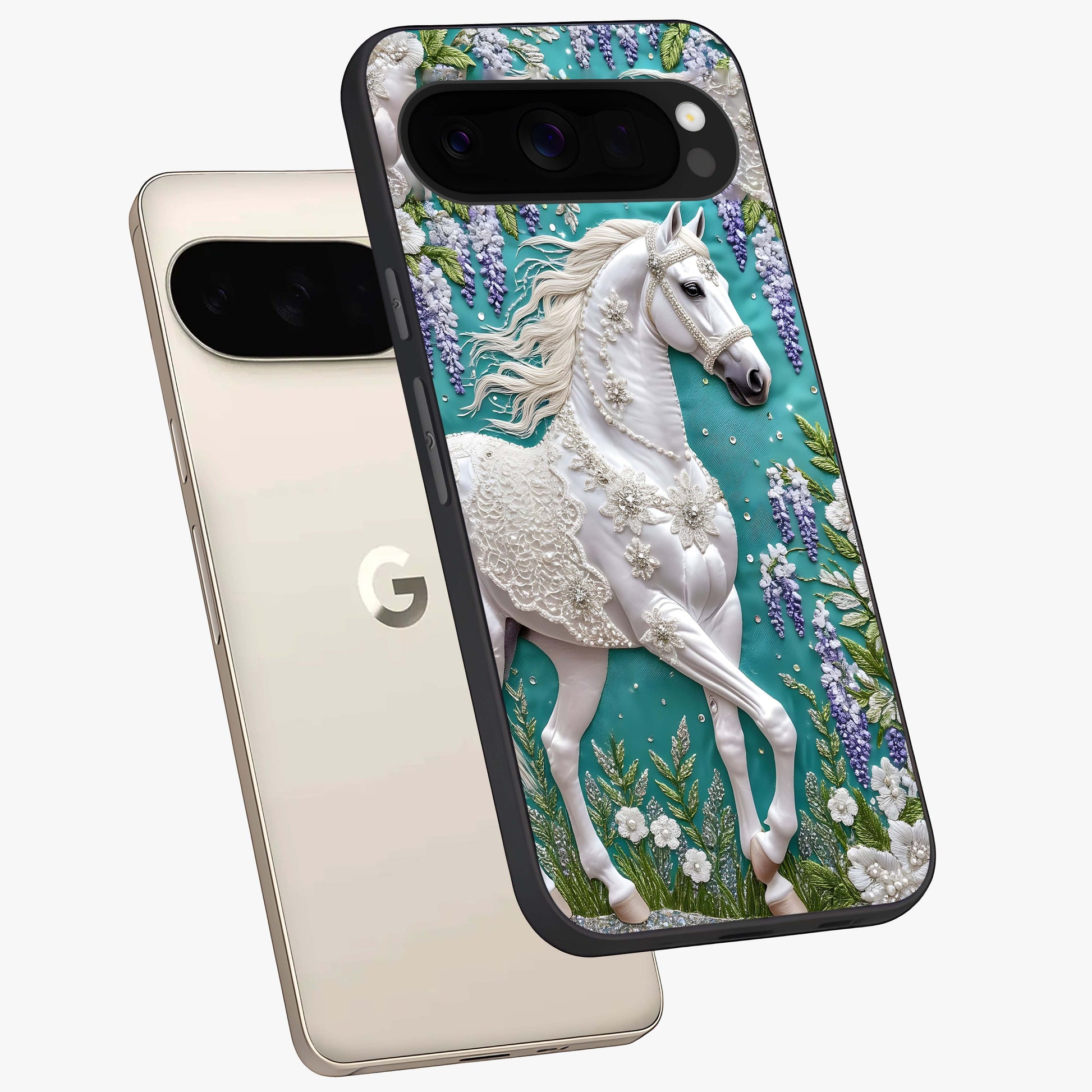 Majestic Floral Stallion Glass Case displayed in angled mockup highlighting majestic stallion illustration with elegant floral aesthetic.