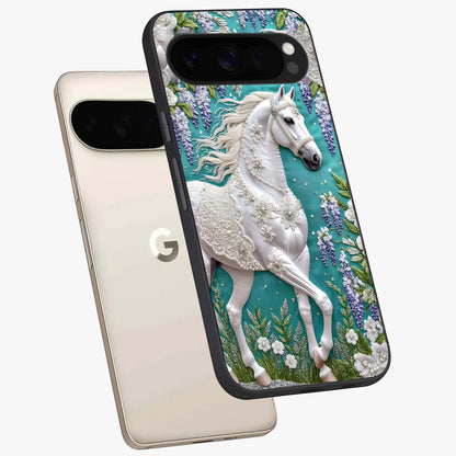 Majestic Floral Stallion Glass Case displayed in angled mockup highlighting majestic stallion illustration with elegant floral aesthetic.