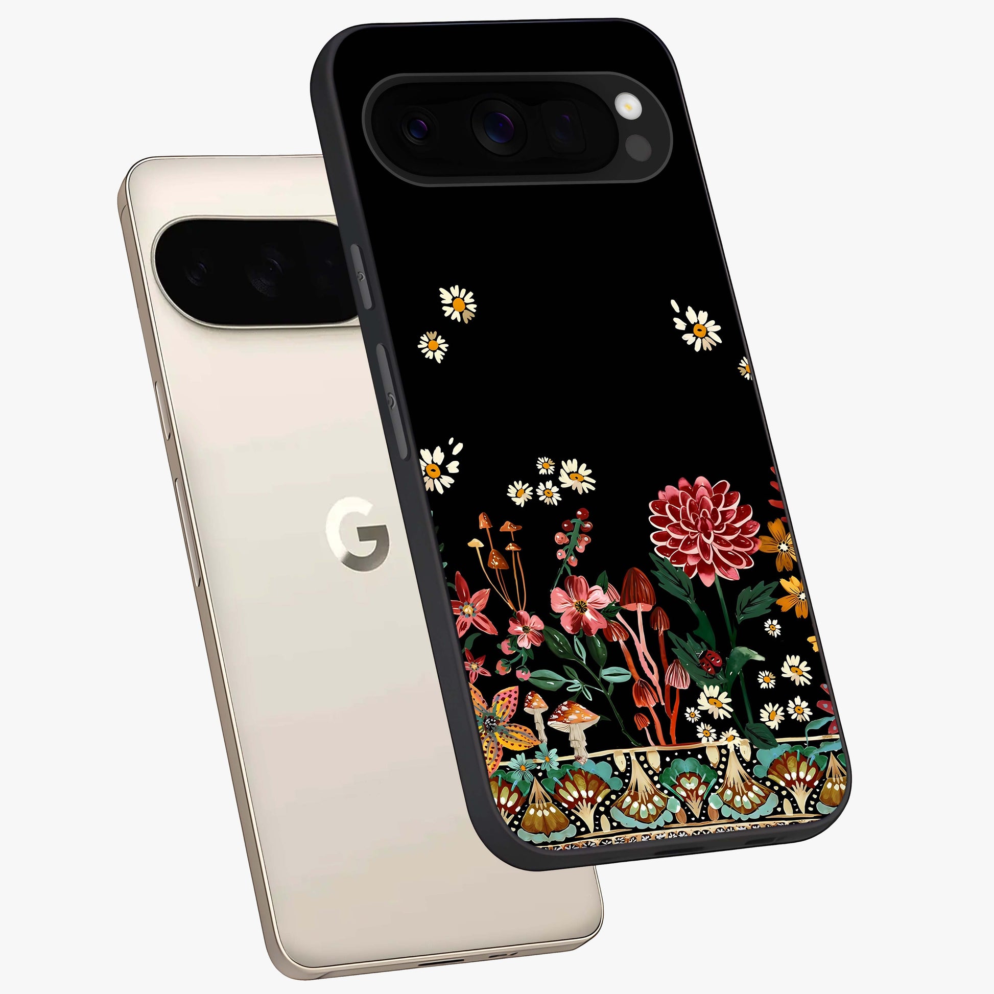 Midnight Bloom Pattern Glass Case displayed in angled mockup highlighting elegant flower design with midnight aesthetic style.