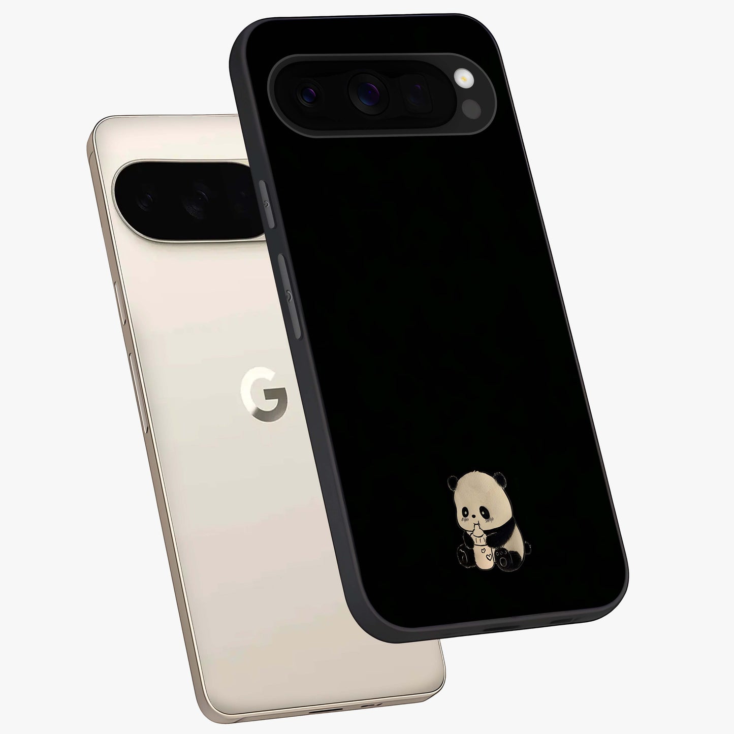 Midnight Panda Love Glass Case displayed in angled mockup highlighting adorable panda illustration with midnight aesthetic.