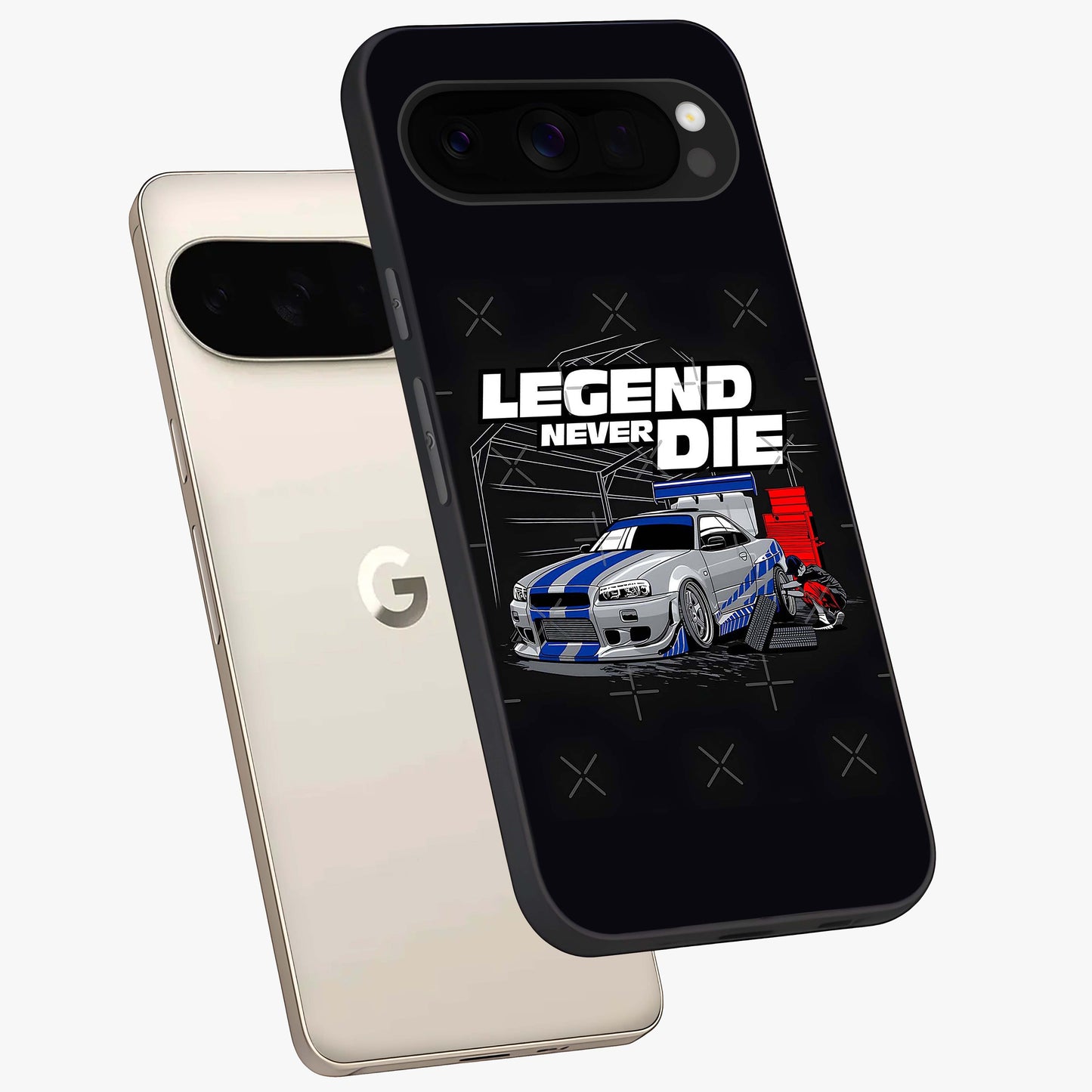Midnight Racing Legacy Glass Case displayed in angled mockup highlighting dynamic automotive design with bold midnight aesthetic.