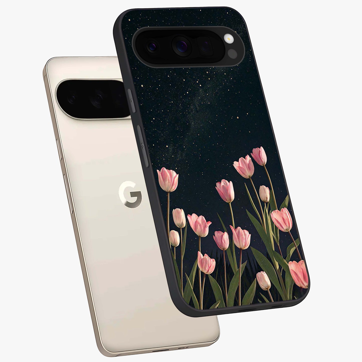 Midnight Tulip Whispers Vibe Glass Case displayed in angled mockup highlighting delicate tulip design with midnight floral aesthetic.