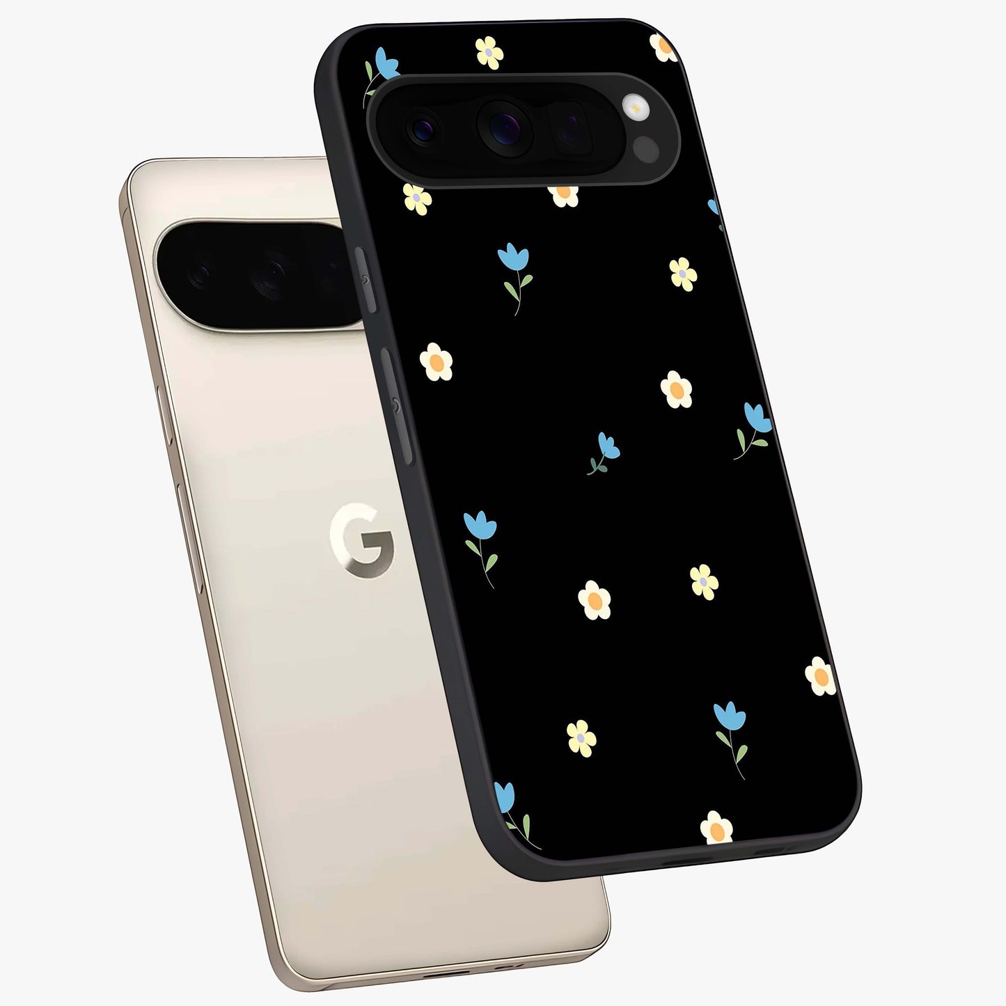 Minimal Petal Whispers Glass Case displayed in angled mockup highlighting delicate petal design with clean minimal aesthetic.