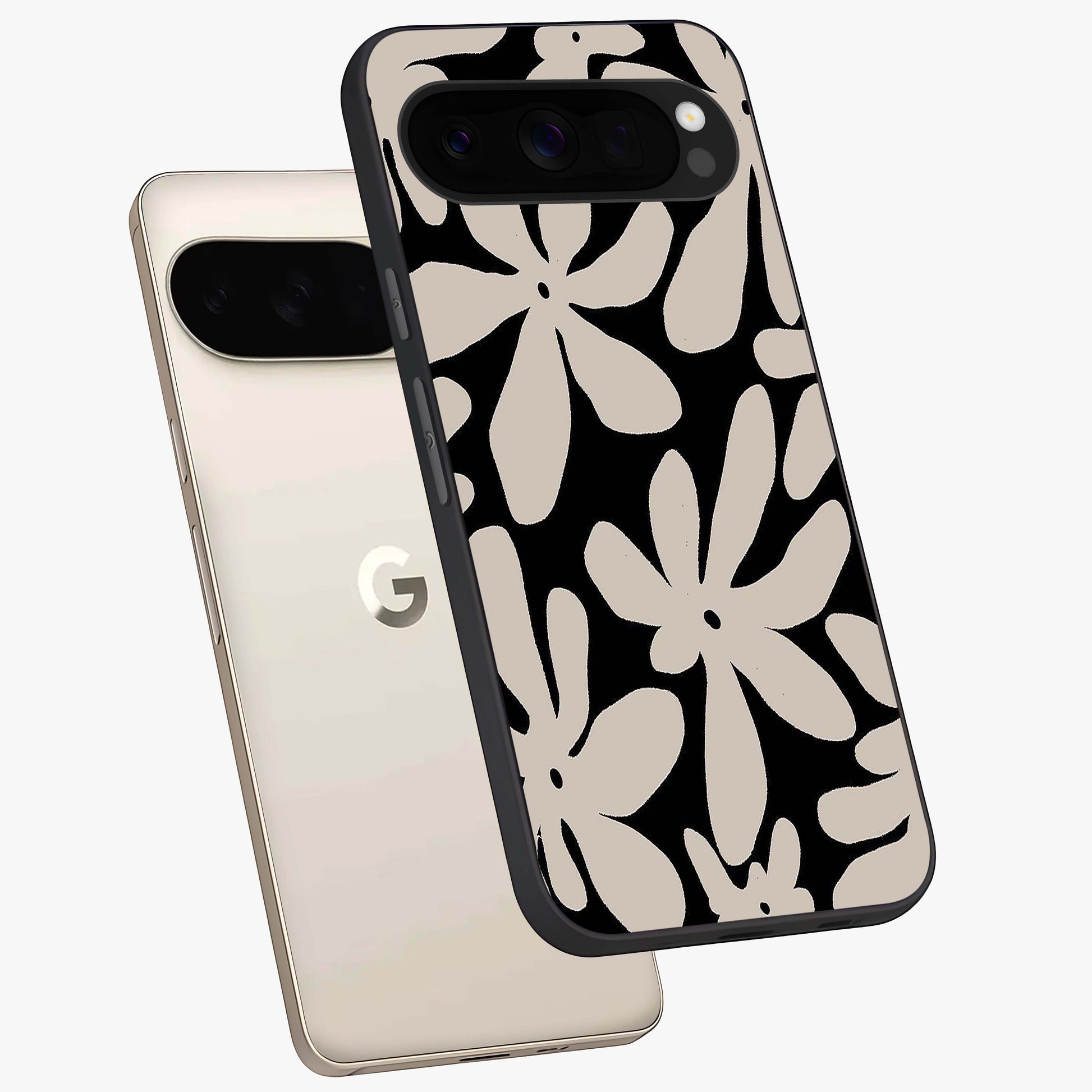 Monochrome Petal Dance Glass Case displayed in angled mockup highlighting elegant petal design with black and white aesthetic.