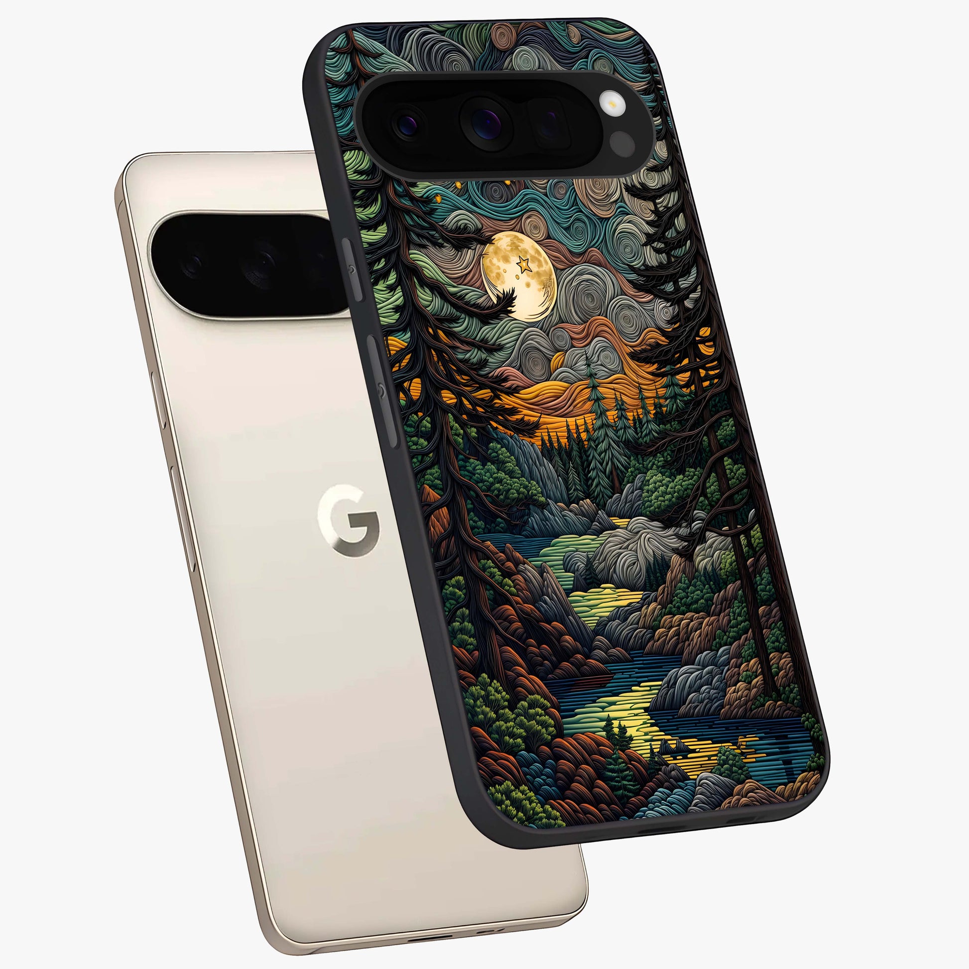 Moonlight Forest Dream Glass Case displayed in angled mockup highlighting dreamy forest design with glowing moon aesthetic.