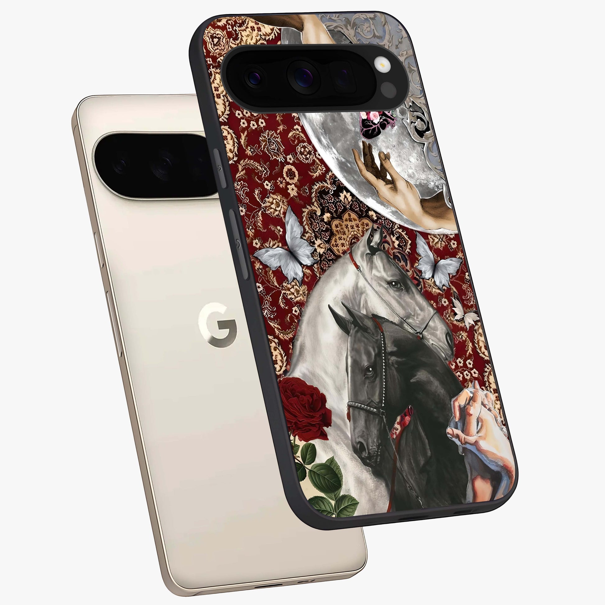 Moonlit Royal Stallion Glass Case displayed in angled mockup highlighting powerful stallion illustration with royal night aesthetic.